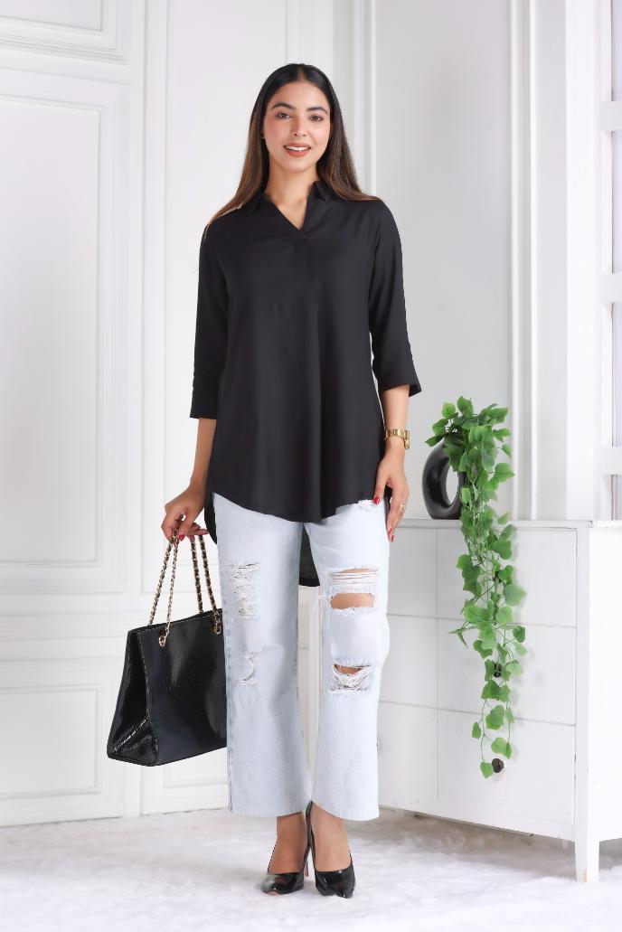 Black rayon flare top [ 100% Rayon, Liva Certified ] - Rayon flare top