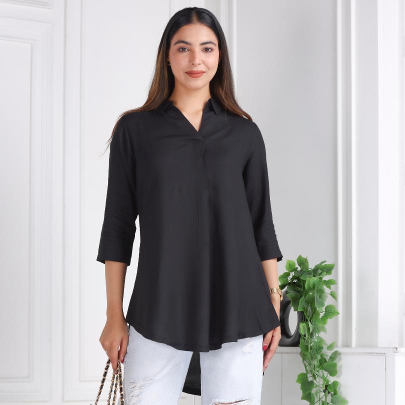 Black rayon flare top [ 100% Rayon, Liva Certified ] - Rayon flare top