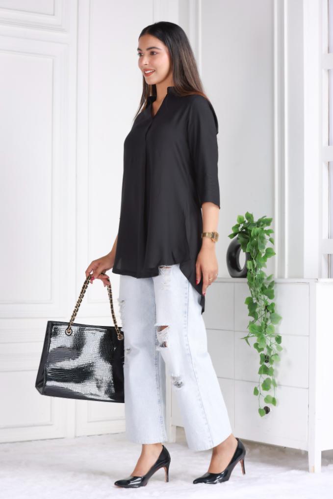 Black rayon flare top [ 100% Rayon, Liva Certified ] - Rayon flare top