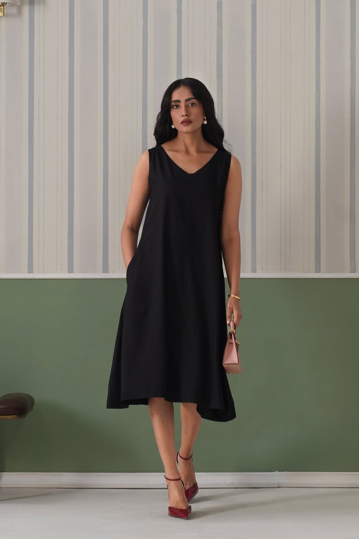 Black rayon line dress with pocket [ Premium 100% Rayon, Liva Certified ] -Rayon line dress with pocket