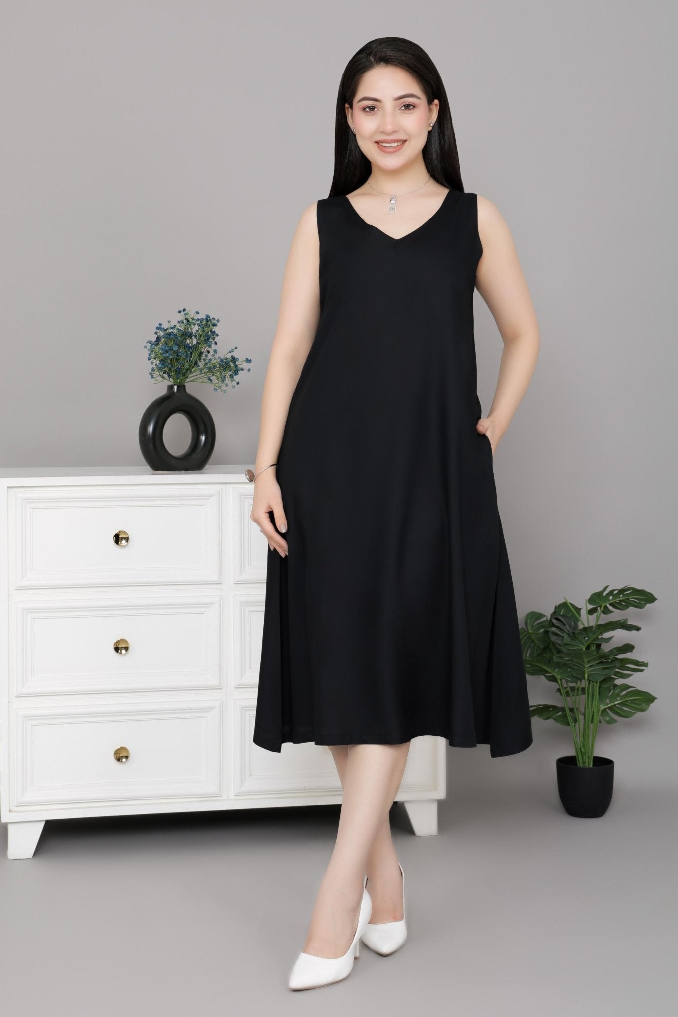 Black rayon line dress with pocket [ Premium 100% Rayon, Liva Certified ] - Rayon line dress with pocket