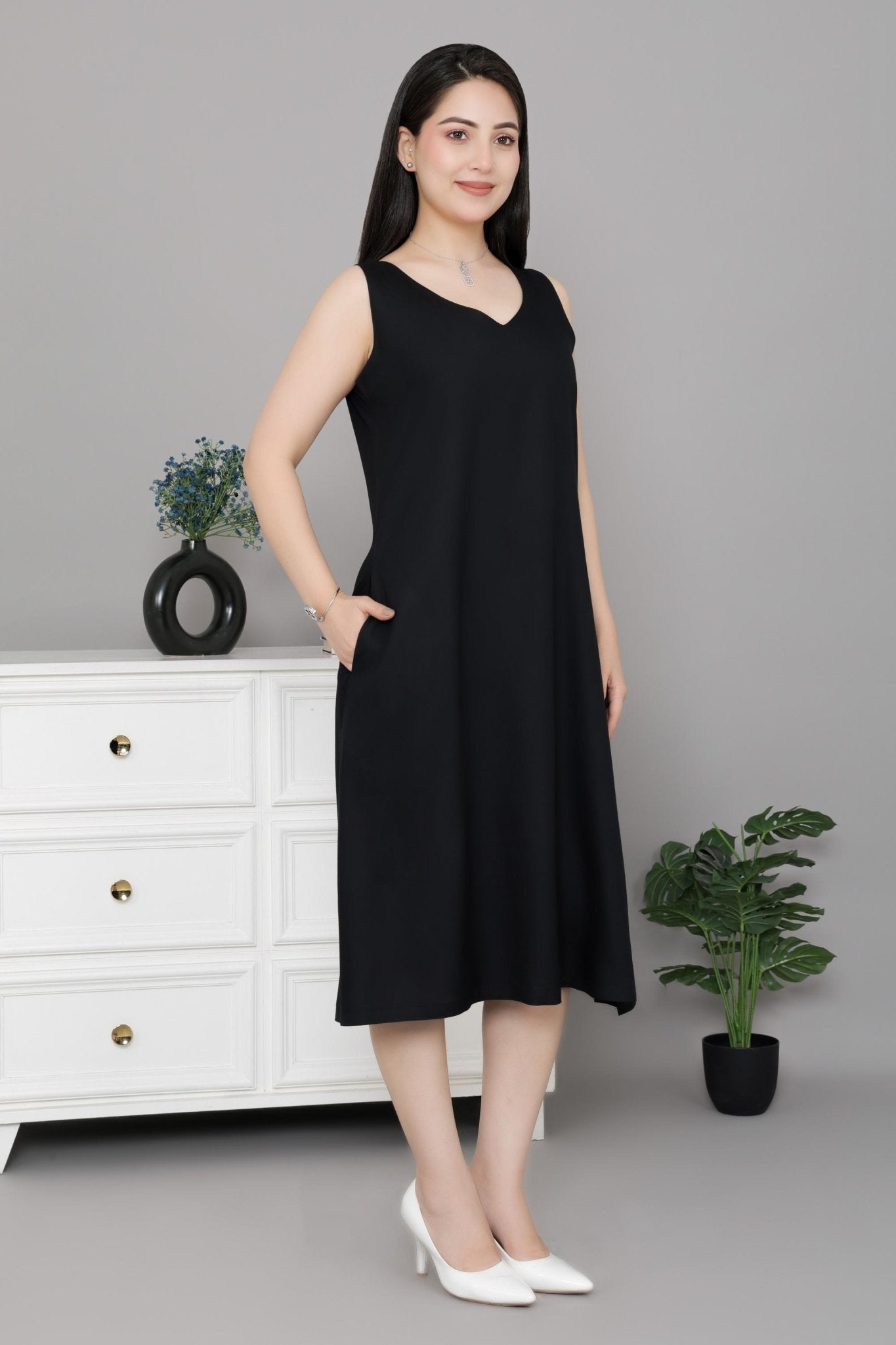 Black rayon line dress with pocket [ Premium 100% Rayon, Liva Certified ] - Rayon line dress with pocket