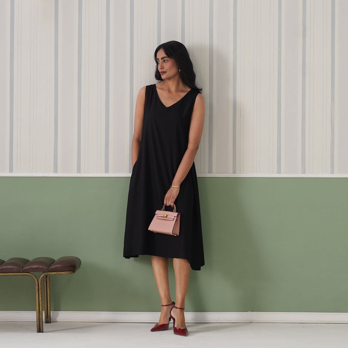 Black rayon line dress with pocket [ Premium 100% Rayon, Liva Certified ] -Rayon line dress with pocket