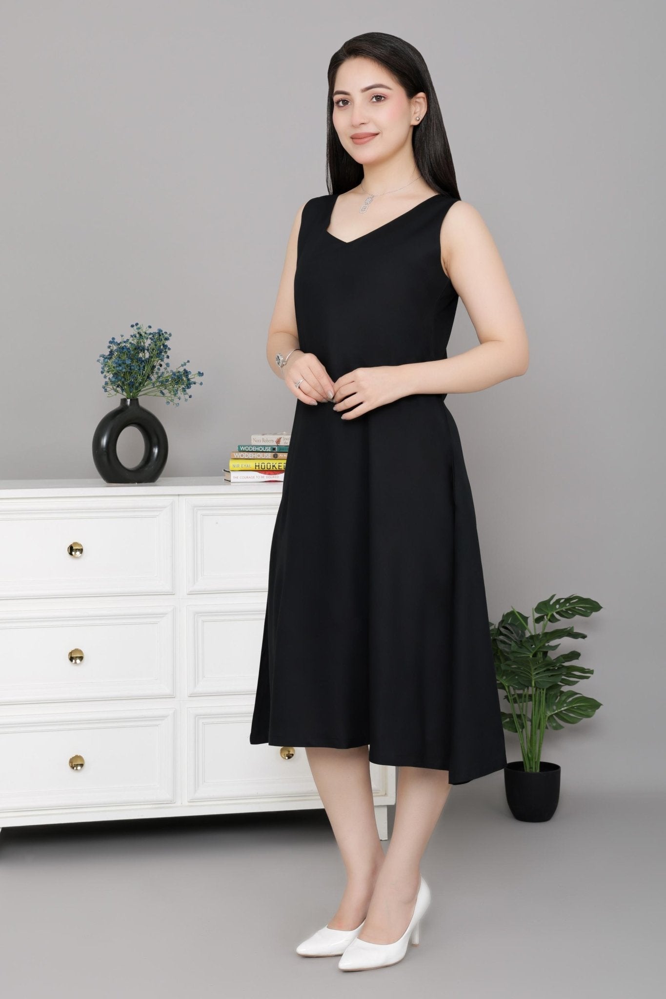 Black rayon line dress with pocket [ Premium 100% Rayon, Liva Certified ] - Rayon line dress with pocket