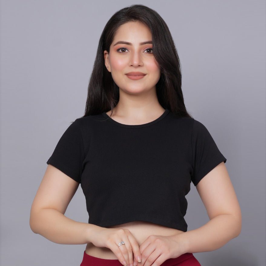 Black Rib Crop T Shirt [ 100% USA HQ Cotton, 280 GSM non transparent fabric ] - Rib crop t shirt