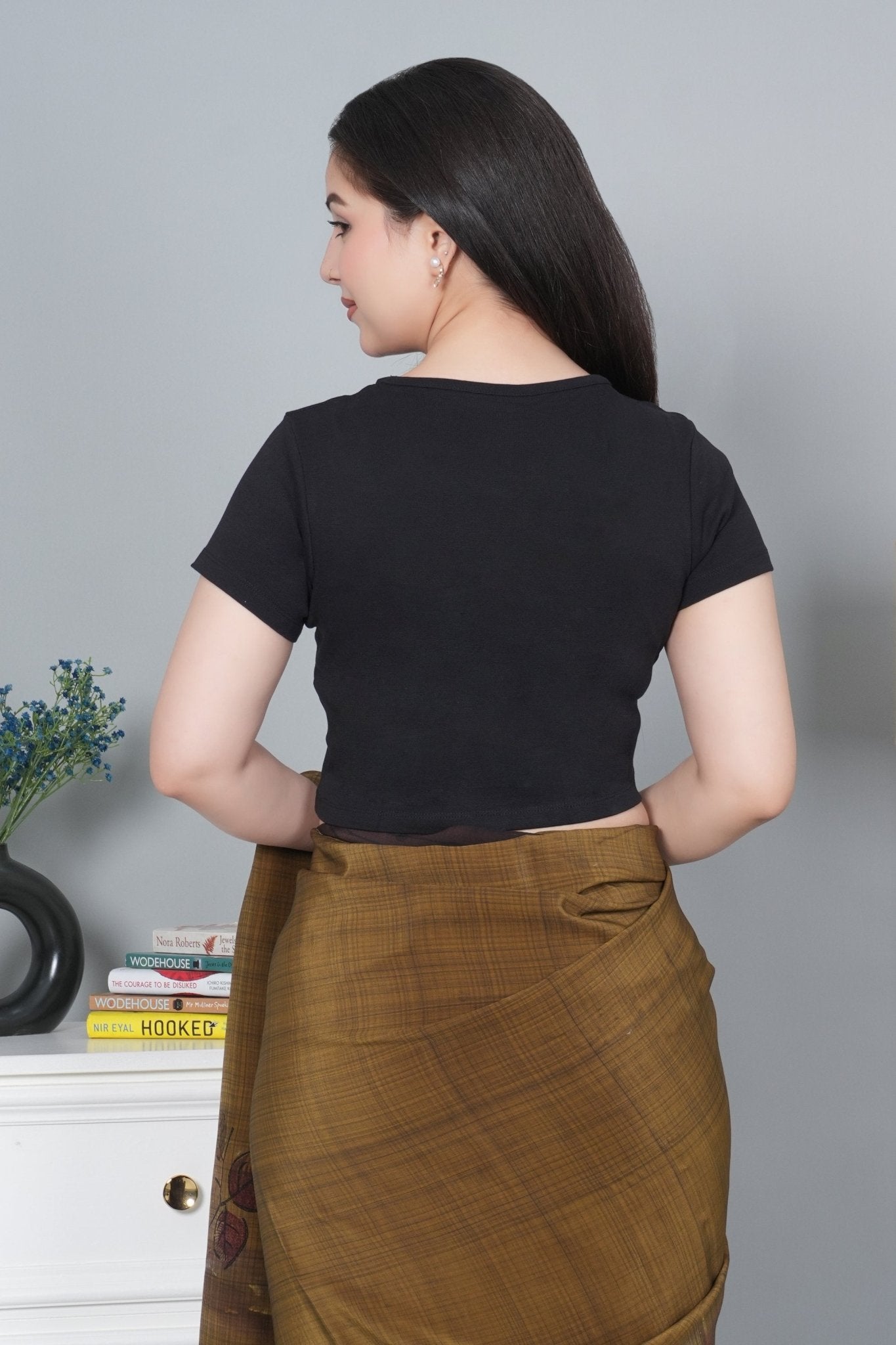 Black Rib Crop Tshirt Blouse [ 100% USA HQ Cotton, 280 GSM non transparent fabric ] - Rib crop tshirt blouse