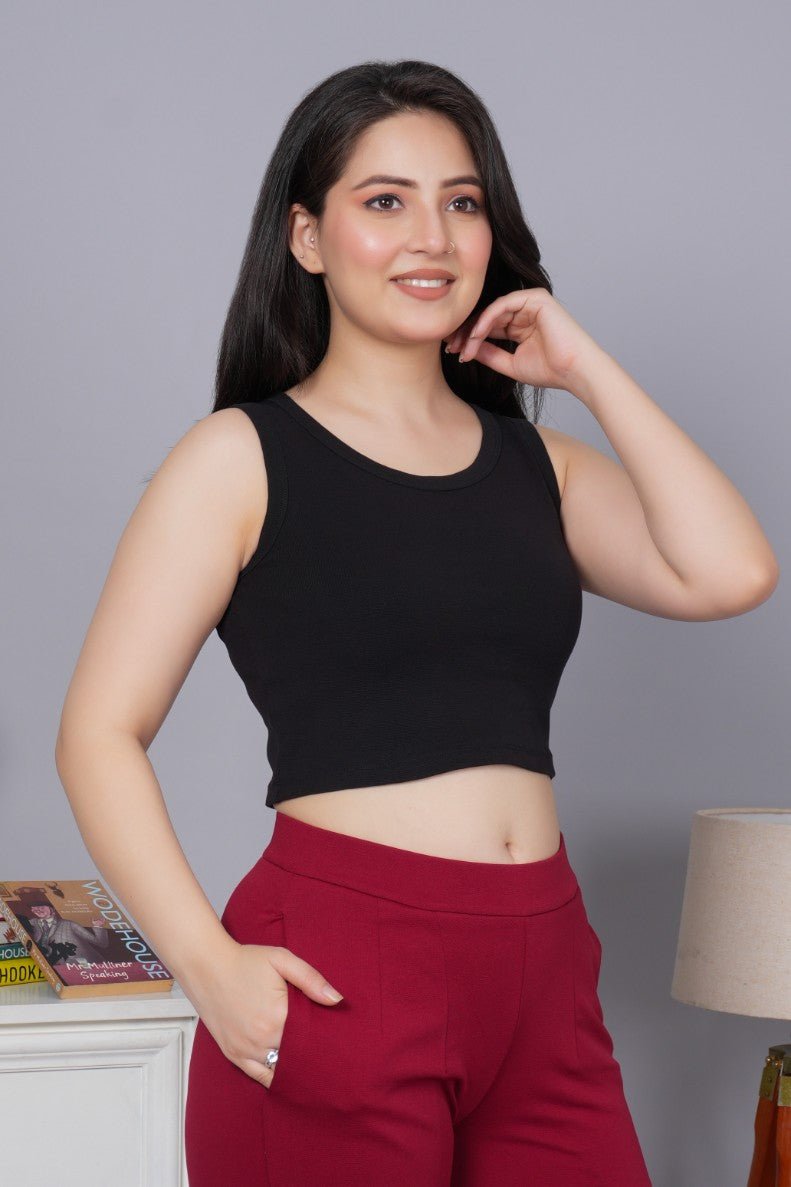 Black Rib Crop Vest [ 100% USA HQ Cotton, 280 GSM non transparent fabric ] - Rib crop vest