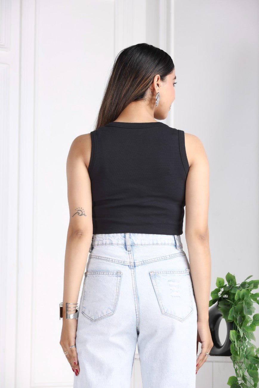 Black Rib Crop Vest [ 100% USA HQ Cotton, 280 GSM non transparent fabric ] - Rib crop vest