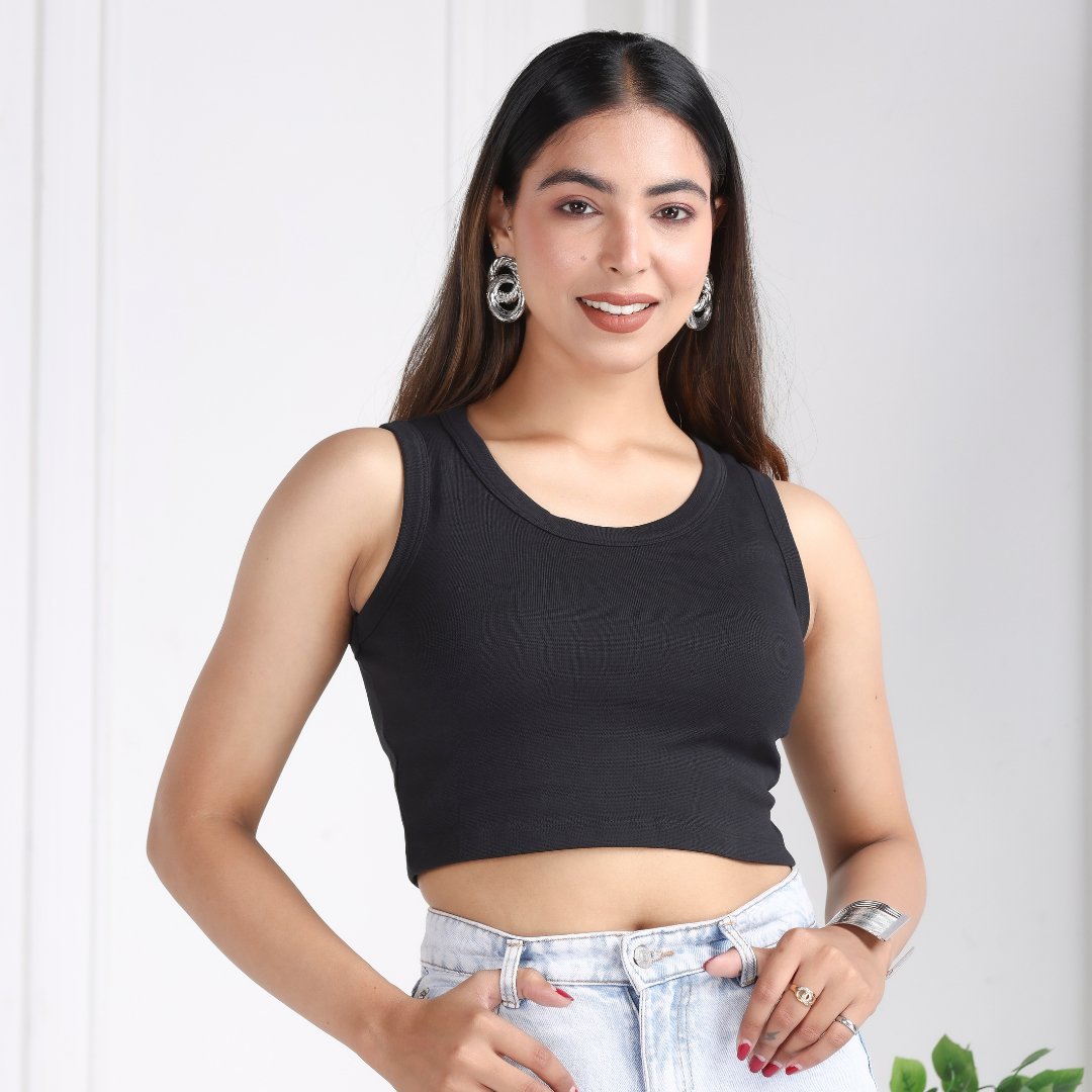 Black Rib Crop Vest [ 100% USA HQ Cotton, 280 GSM non transparent fabric ] - Rib crop vest