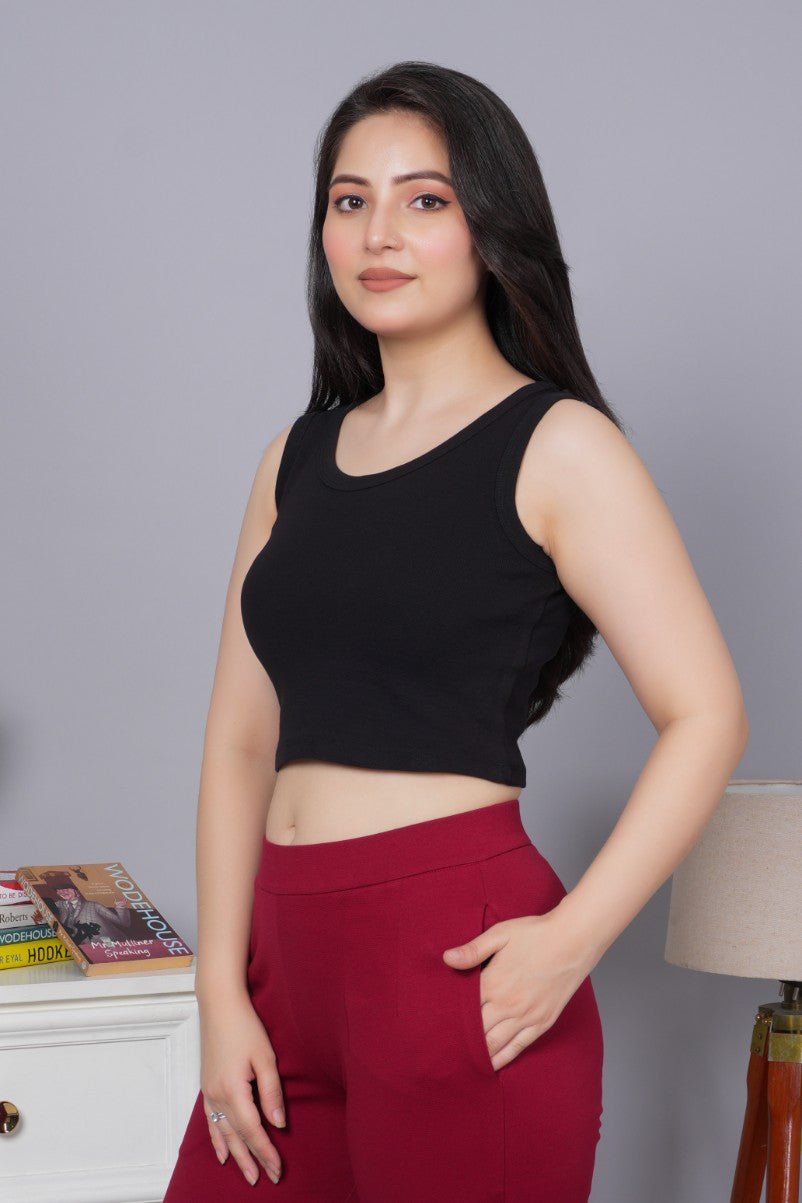 Women's Cotton Basic Crop Vest - Racerback Sleeveless Tank Top (Black, Size S)