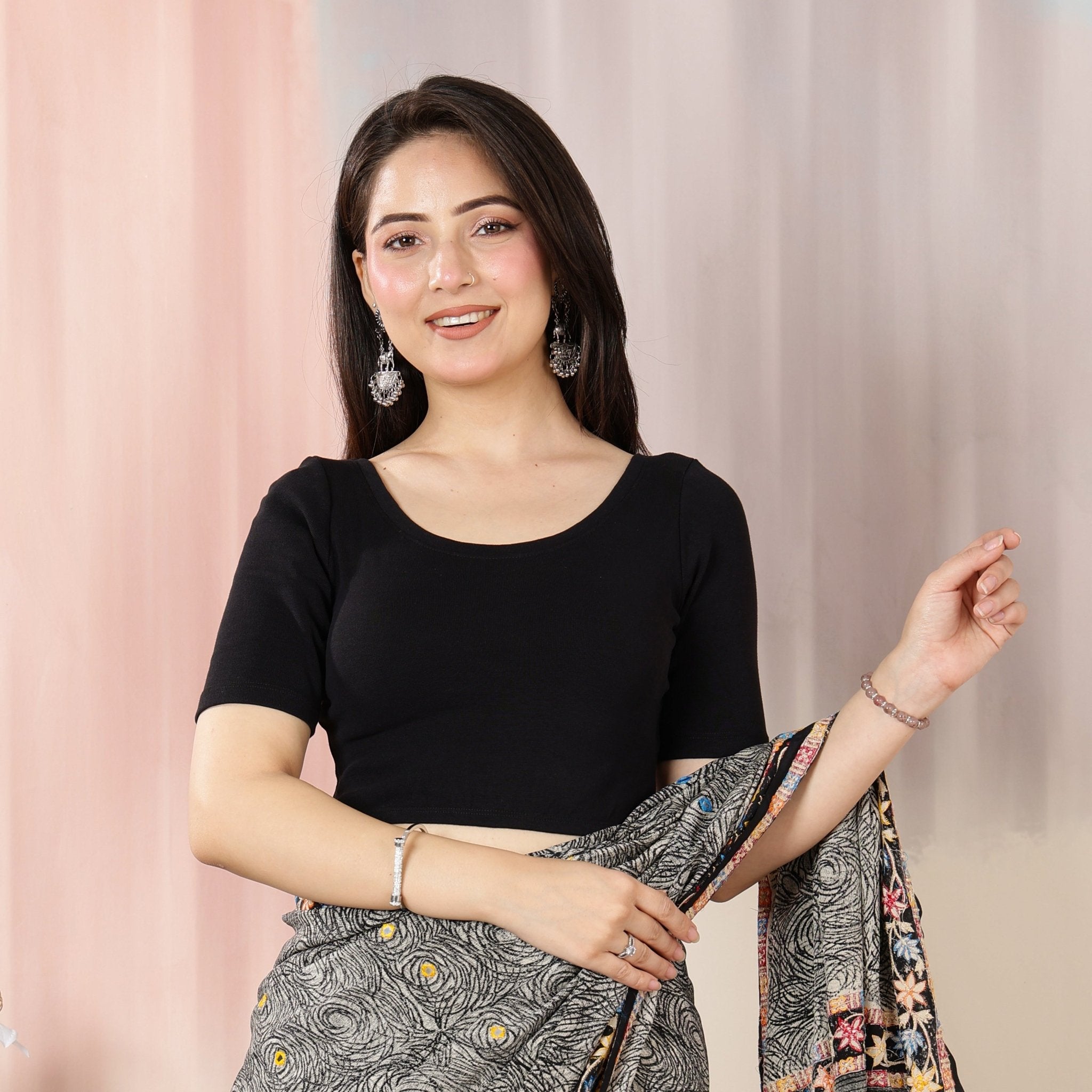 Black Rib Roundneck Half Sleeve Blouse [ 100% USA HQ Cotton, 280 GSM non transparent fabric ] -Rib blouse