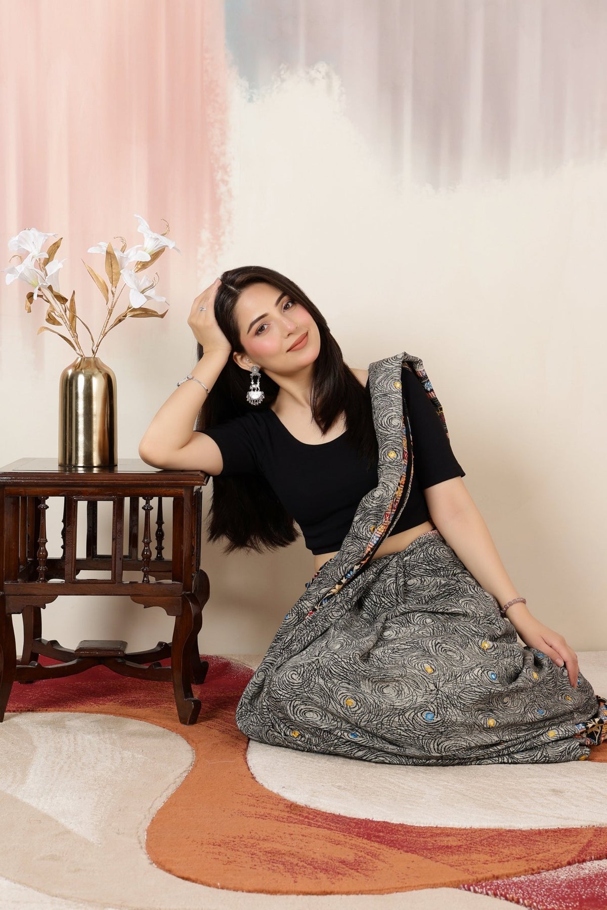 Black Rib Roundneck Half Sleeve Blouse [ 100% USA HQ Cotton, 280 GSM non transparent fabric ] -Rib blouse