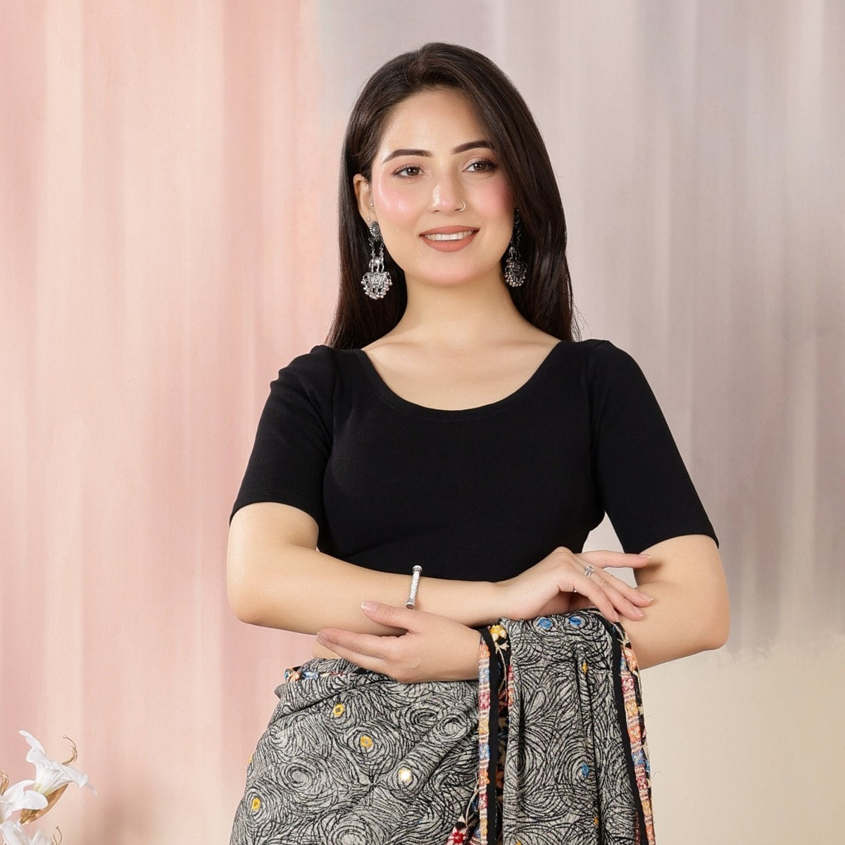Black Rib Roundneck Half Sleeve Blouse [ 100% USA HQ Cotton, 280 GSM non transparent fabric ] -Rib blouse