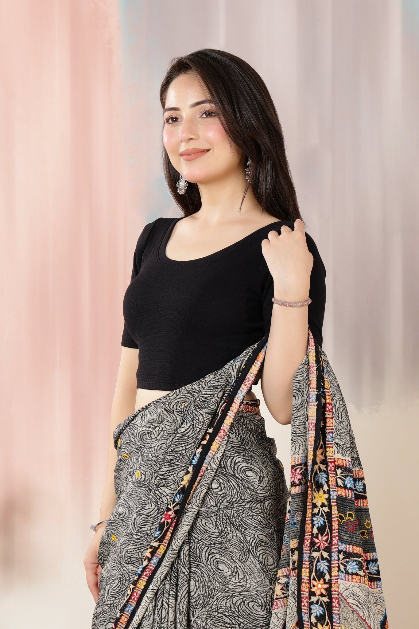 Black Rib Roundneck Half Sleeve Blouse [ 100% USA HQ Cotton, 280 GSM non transparent fabric ] -Rib blouse