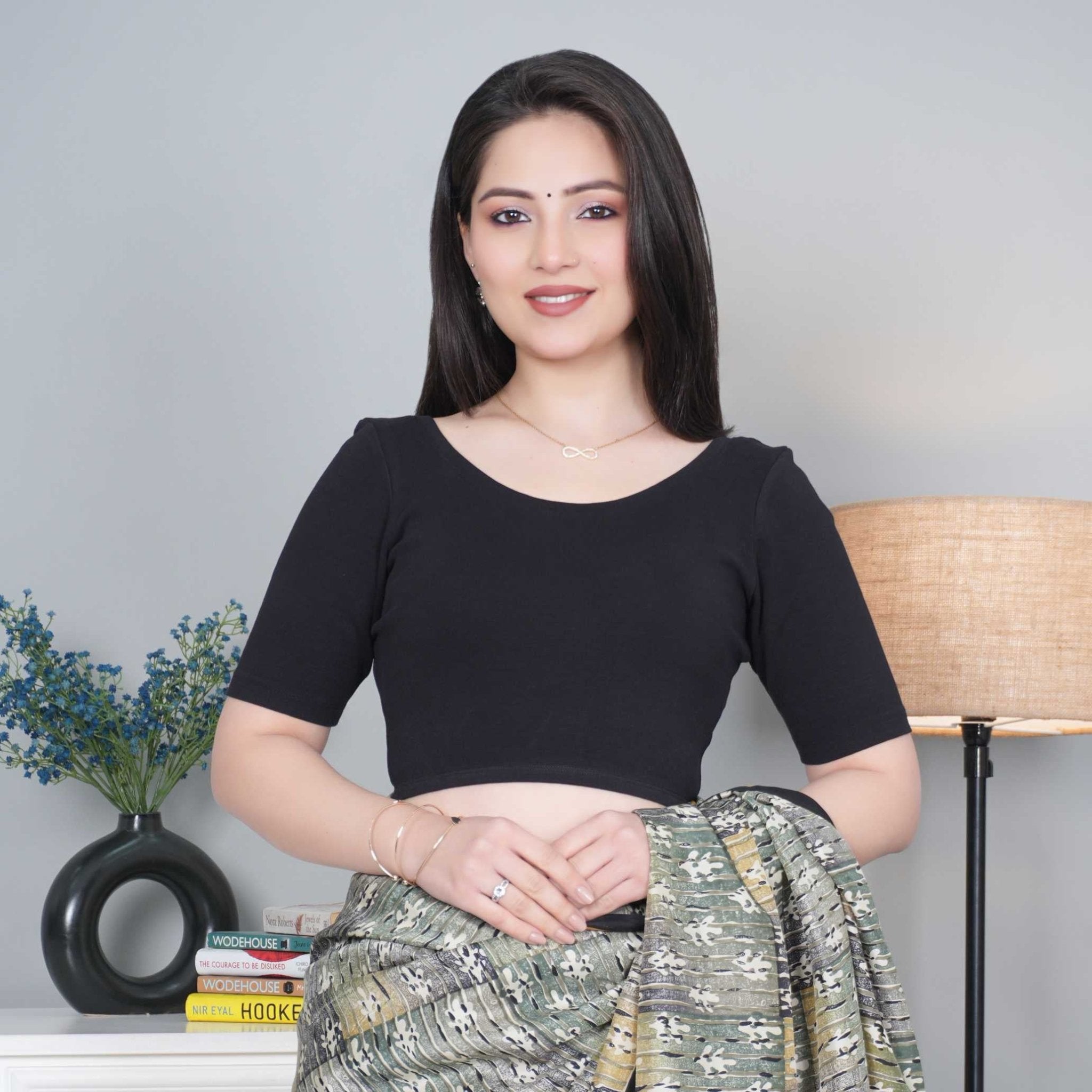 Black Rib Roundneck Half Sleeve Blouse [ 100% USA HQ Cotton, 280 GSM non transparent fabric ] - Rib blouse