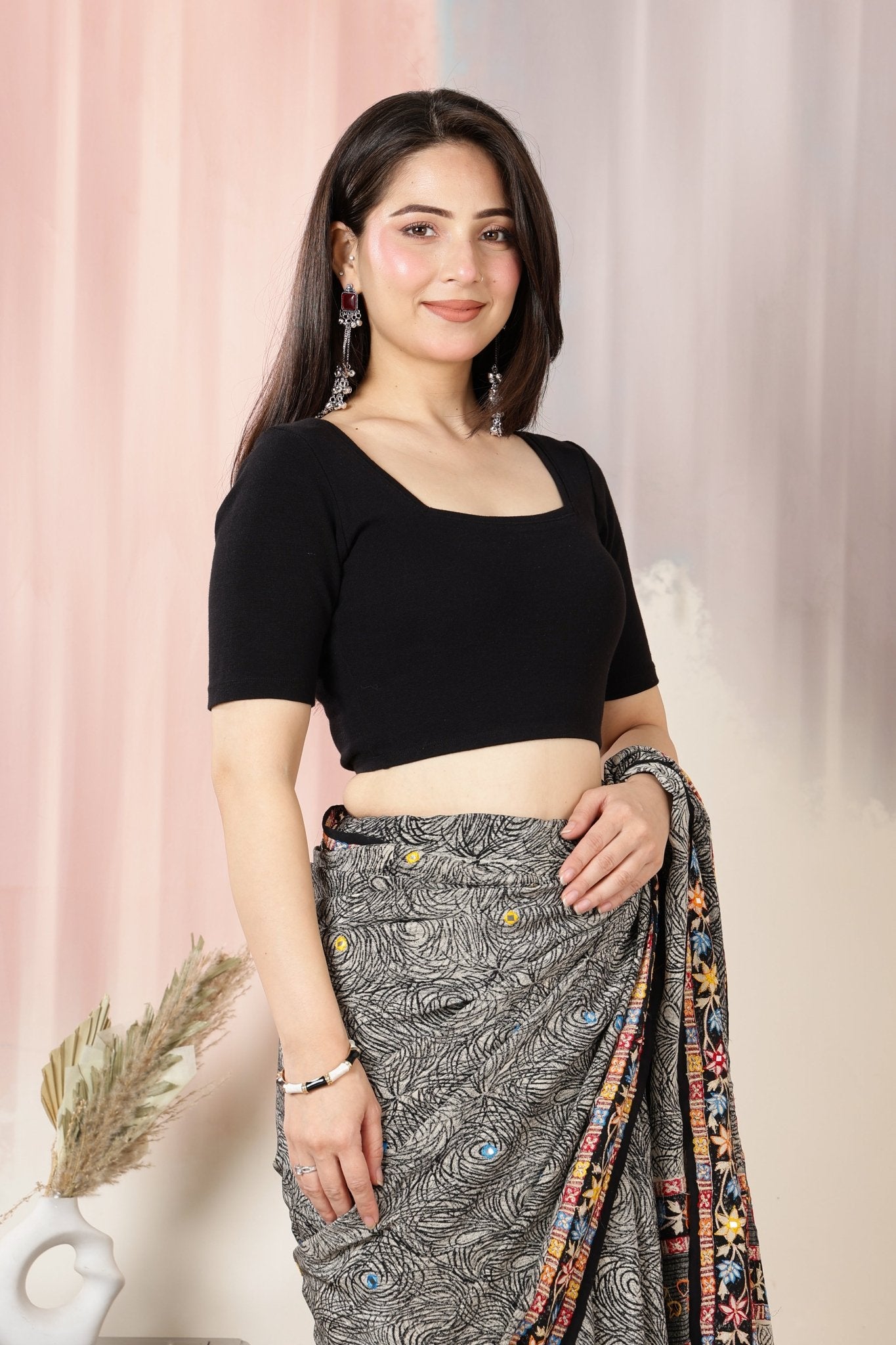 Black Rib Square Neck Half Sleeve Blouse [ 100% USA HQ Cotton, 280 GSM non transparent fabric ] -Rib blouse
