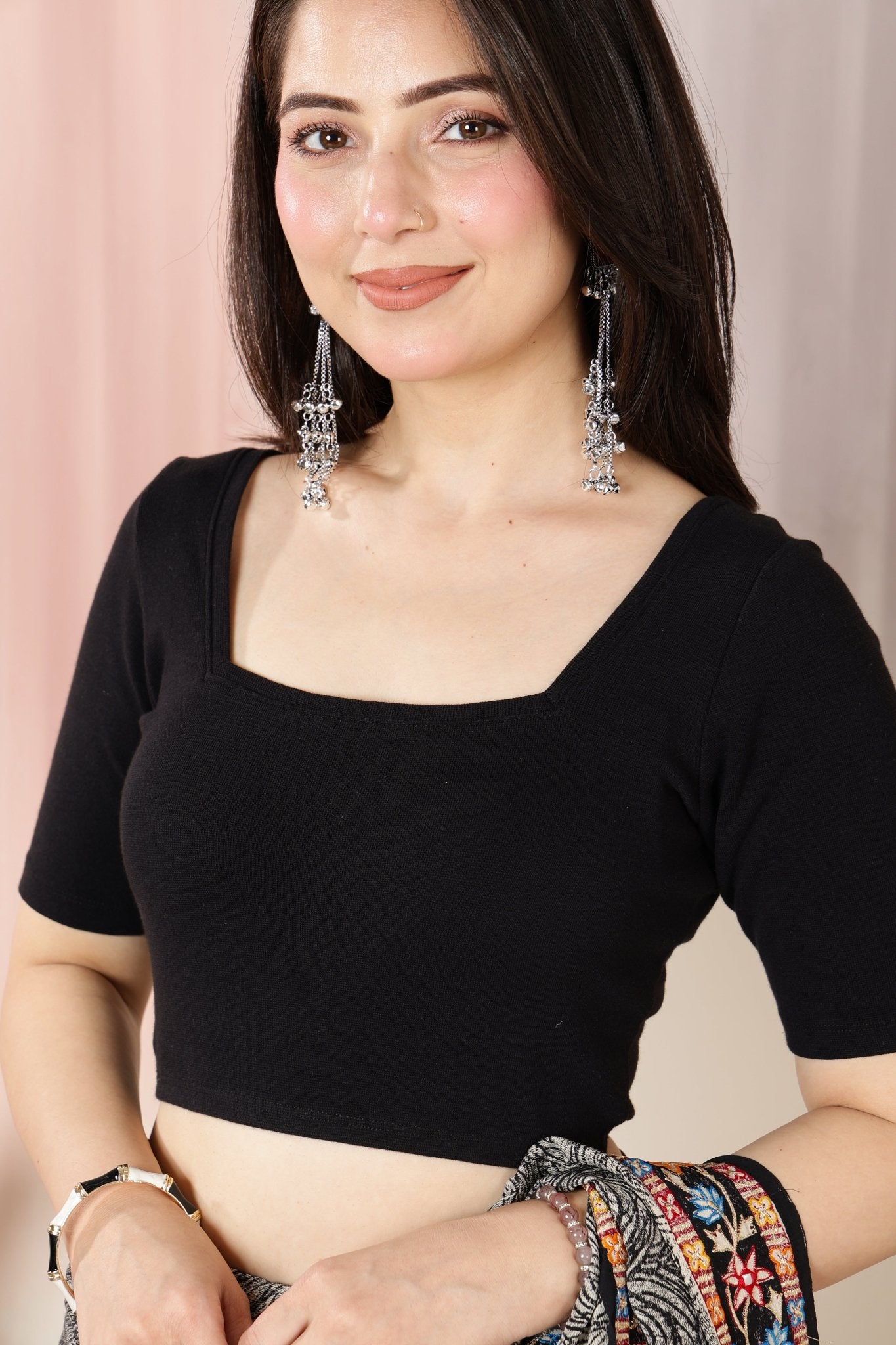 Black Rib Square Neck Half Sleeve Blouse [ 100% USA HQ Cotton, 280 GSM non transparent fabric ] -Rib blouse