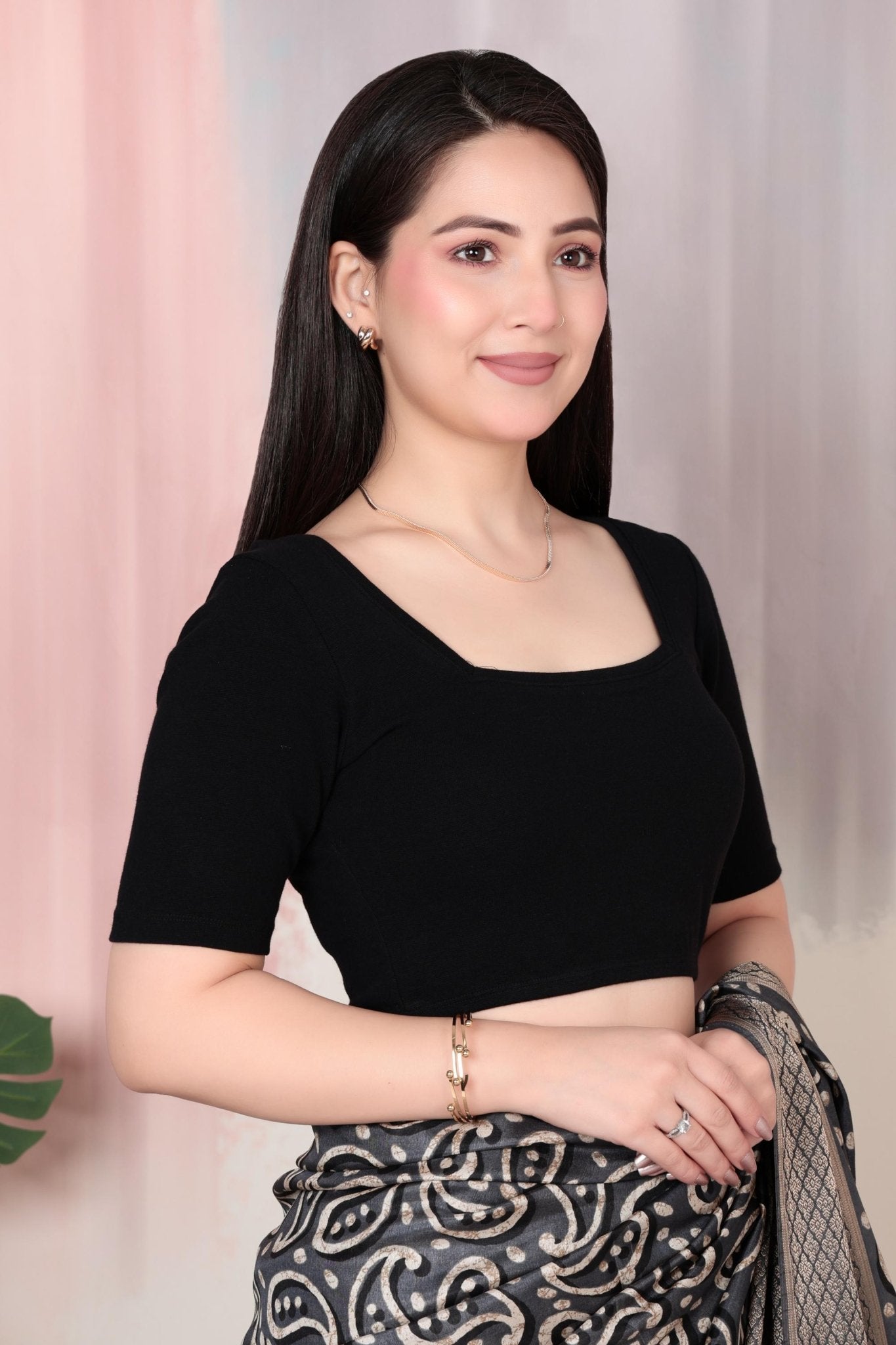 Black Rib Square Neck Half Sleeve Blouse [ 100% USA HQ Cotton, 280 GSM non transparent fabric ] -Rib blouse