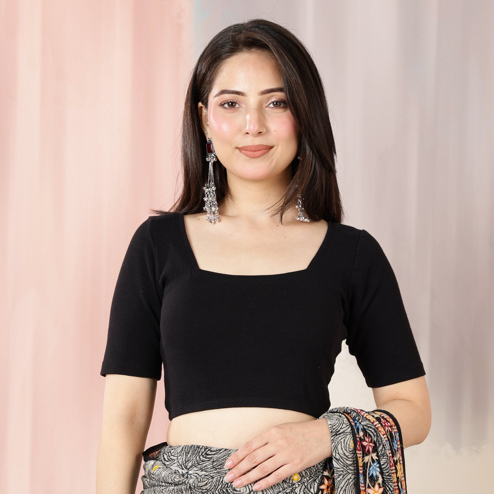 Black Rib Square Neck Half Sleeve Blouse [ 100% USA HQ Cotton, 280 GSM non transparent fabric ] -Rib blouse