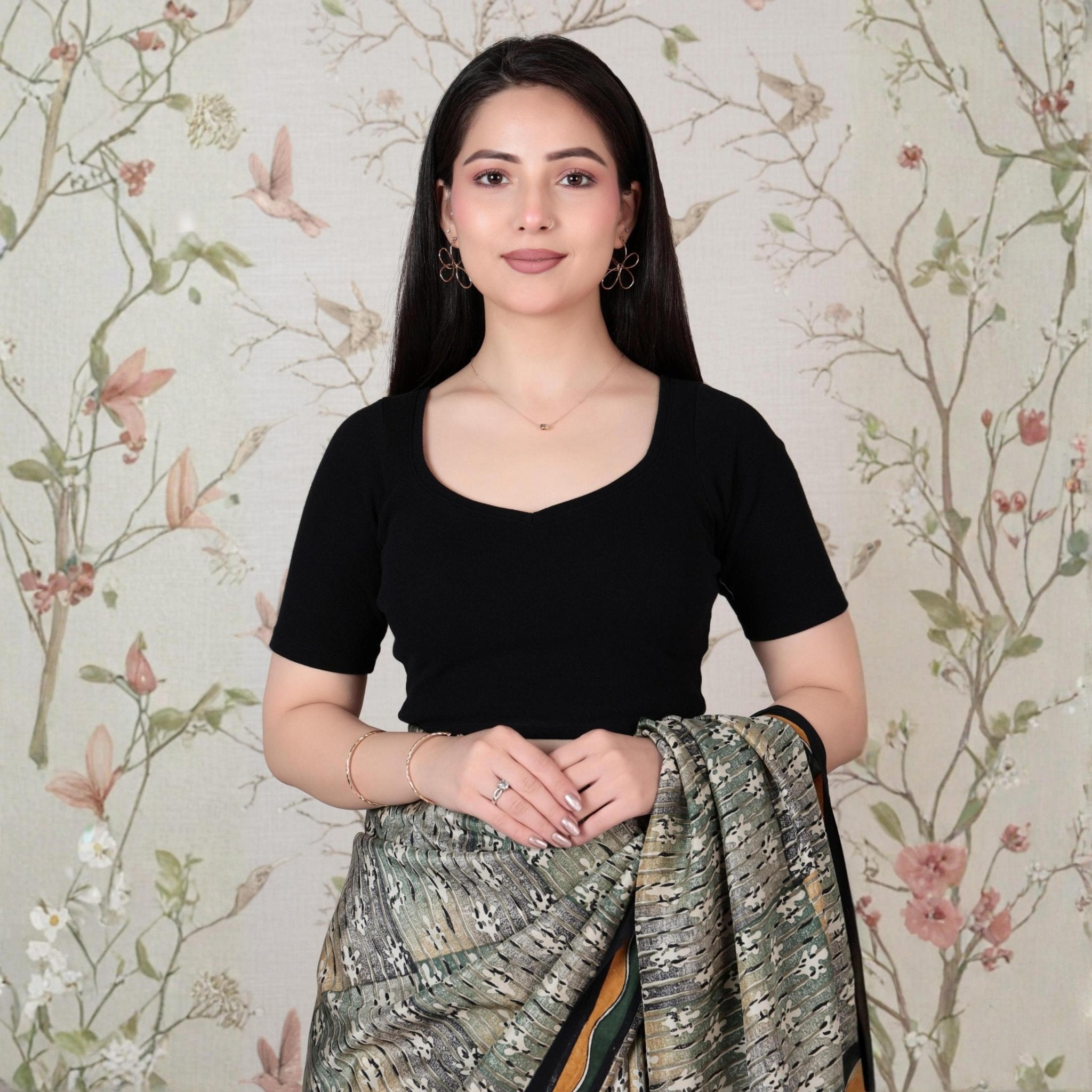Black Rib Sweet Heart Neck Half Sleeve Blouse [ 100% USA HQ Cotton, 280 GSM non transparent fabric ] -Rib blouse