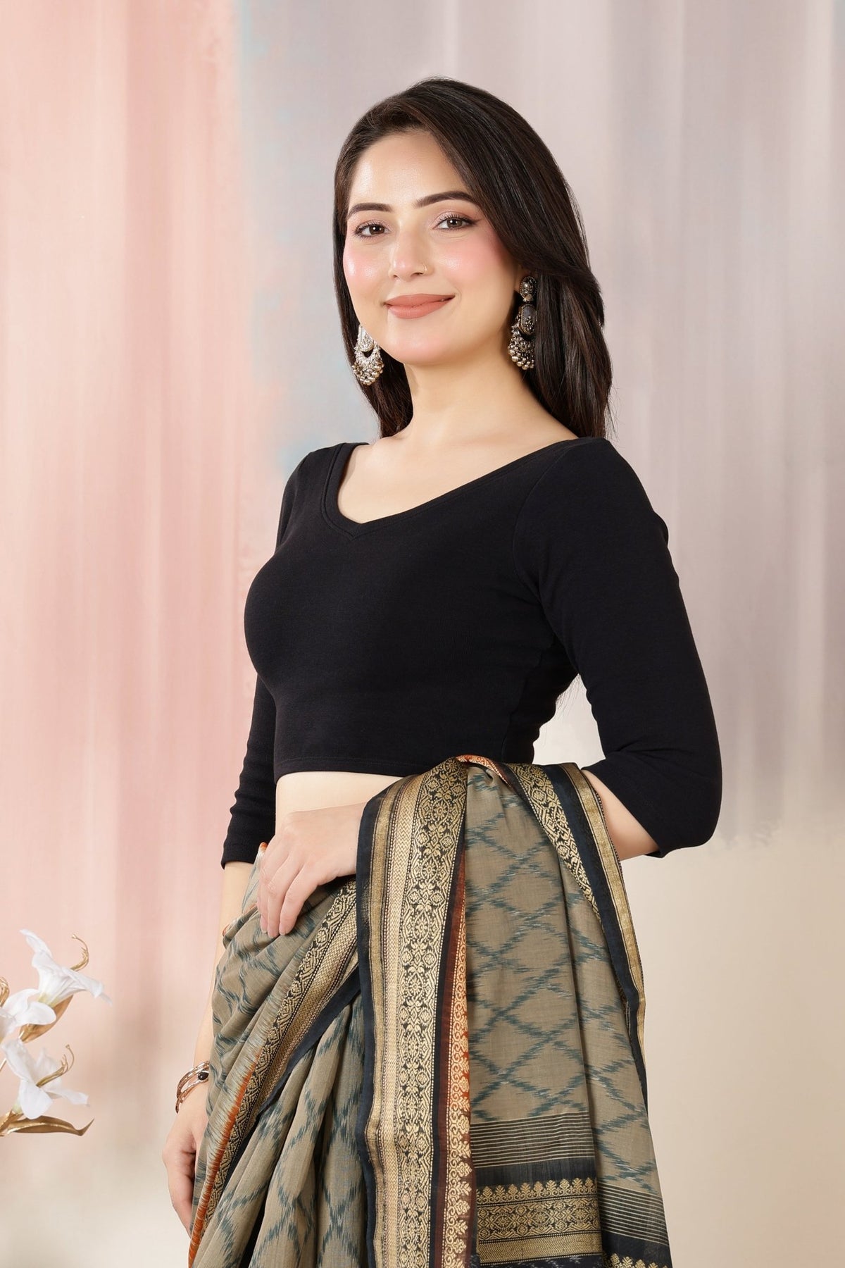 Black Rib V Neck 3/4 Sleeve Blouse [ 100% USA HQ Cotton, 280 GSM non transparent fabric ] -Rib blouse