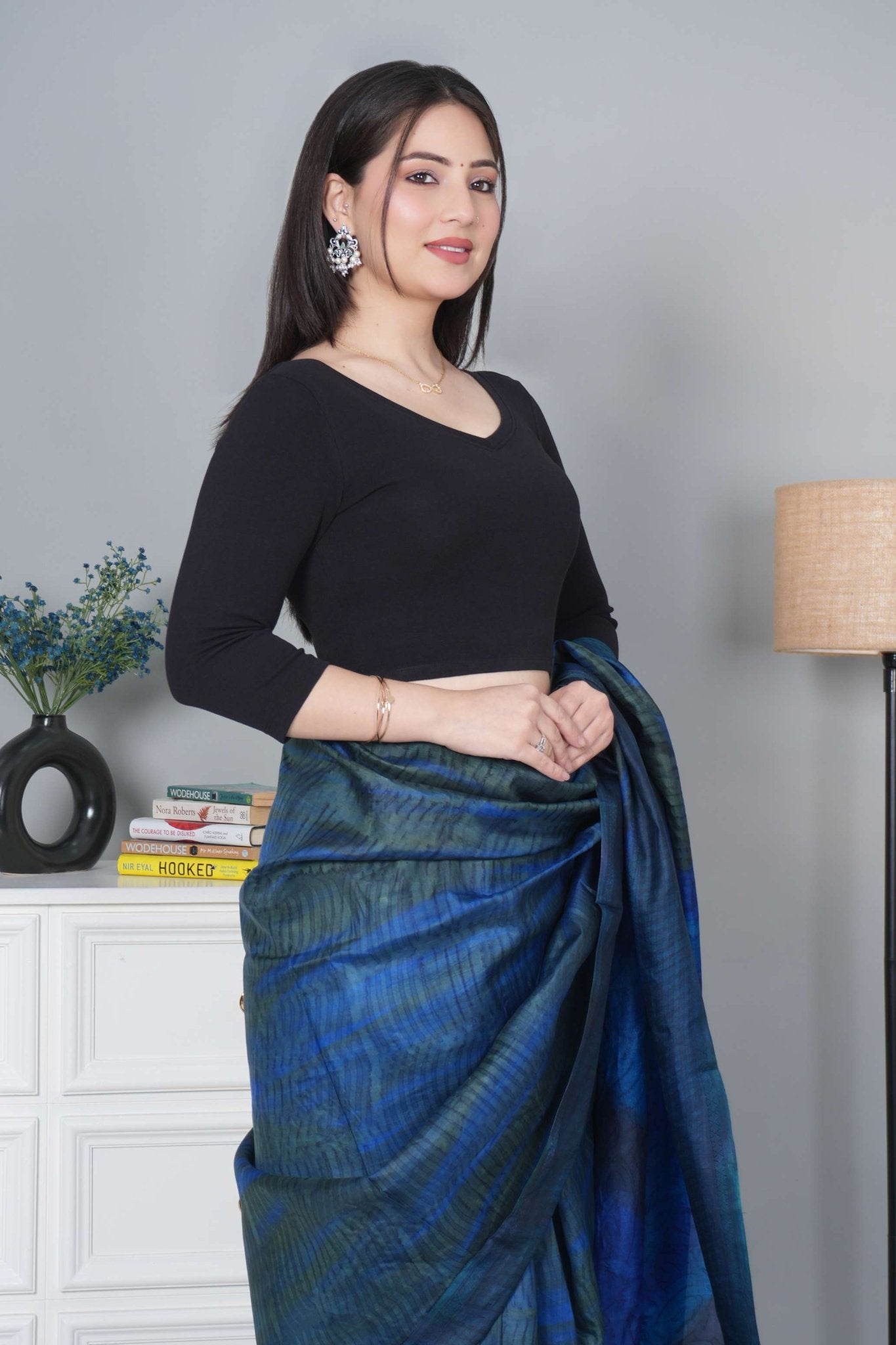 Black Rib V Neck 3/4 Sleeve Blouse [ 100% USA HQ Cotton, 280 GSM non transparent fabric ] - Rib blouse