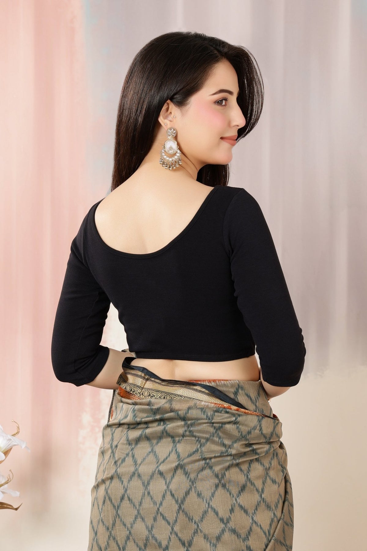 Black Rib V Neck 3/4 Sleeve Blouse [ 100% USA HQ Cotton, 280 GSM non transparent fabric ] -Rib blouse