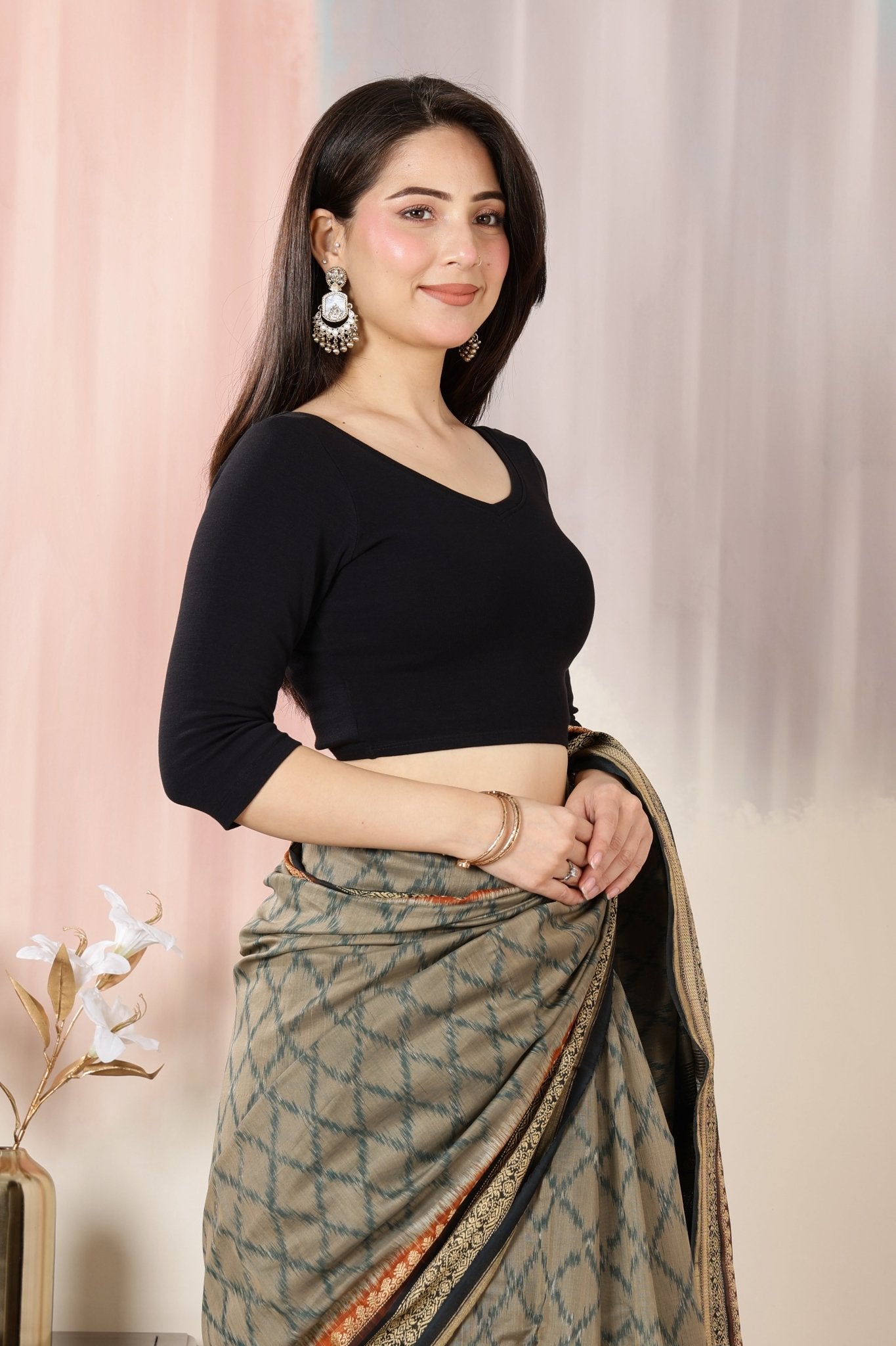 Black Rib V Neck 3/4 Sleeve Blouse [ 100% USA HQ Cotton, 280 GSM non transparent fabric ] -Rib blouse