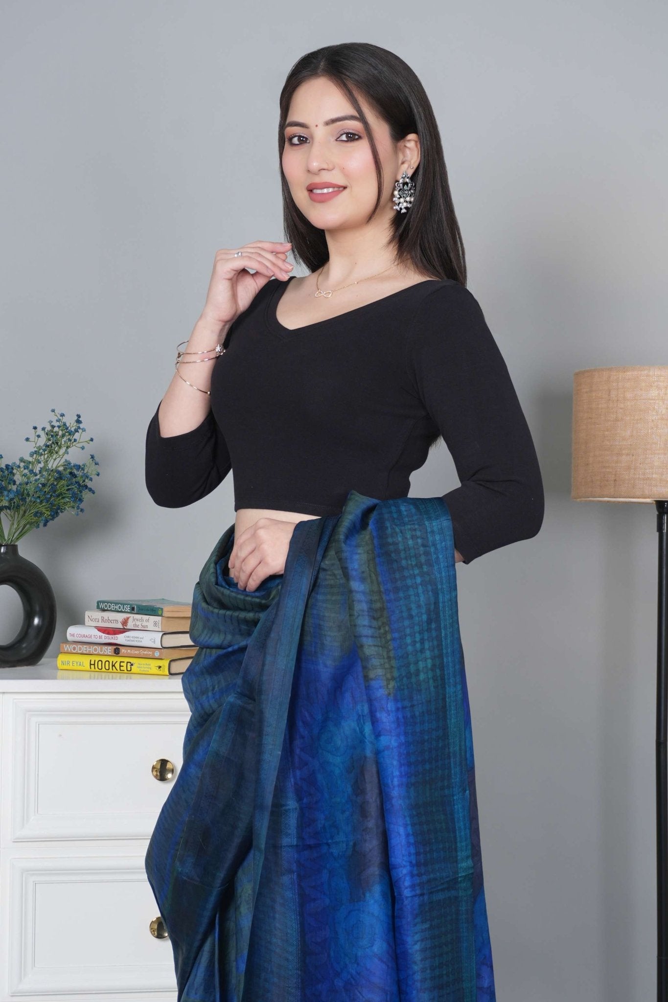 Black Rib V Neck 3/4 Sleeve Blouse [ 100% USA HQ Cotton, 280 GSM non transparent fabric ] - Rib blouse