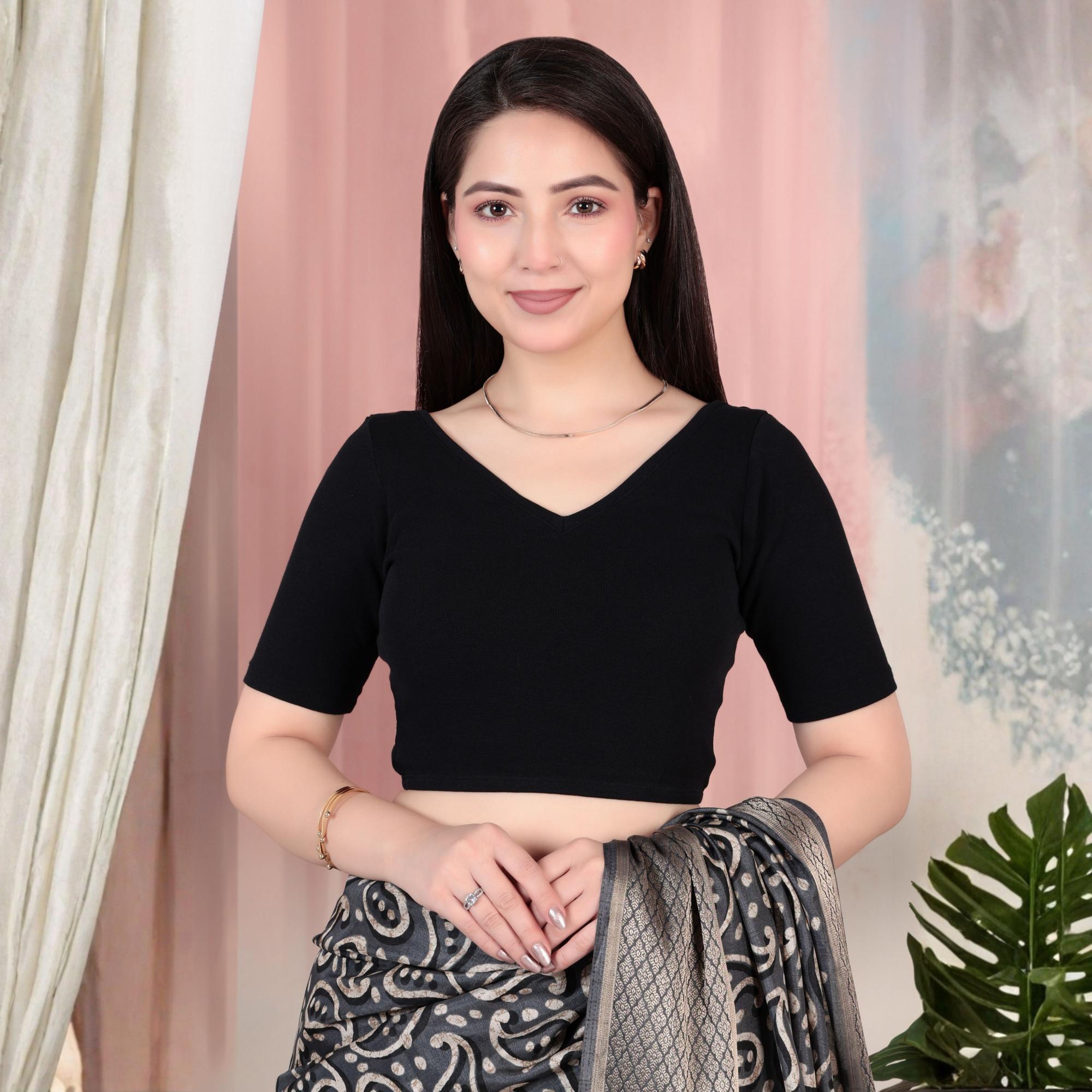 Black Rib V Neck Half Sleeve Blouse [ 100% USA HQ Cotton, 280 GSM non transparent fabric ] -Rib blouse