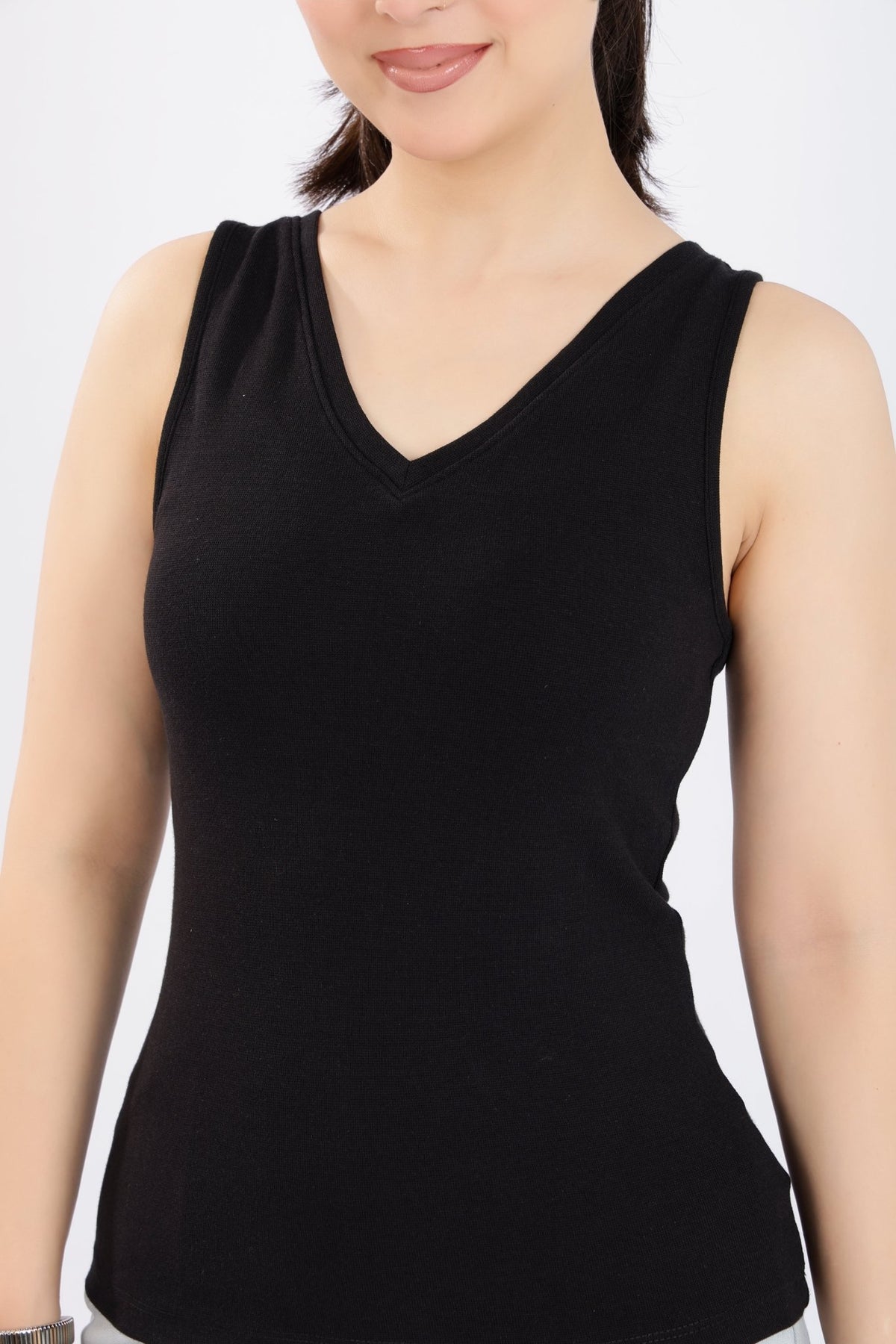 Black rib v-neck vest [ 280 GSM non transparent fabric ] -Rib top