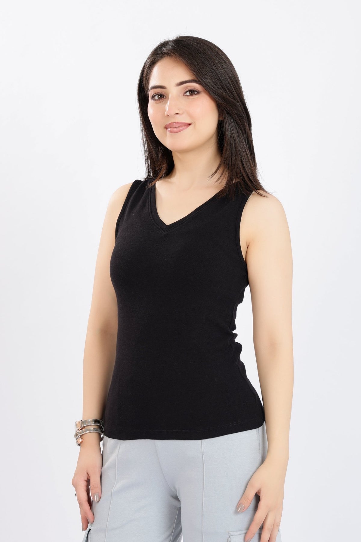 Black rib v-neck vest [ 280 GSM non transparent fabric ] -Rib top