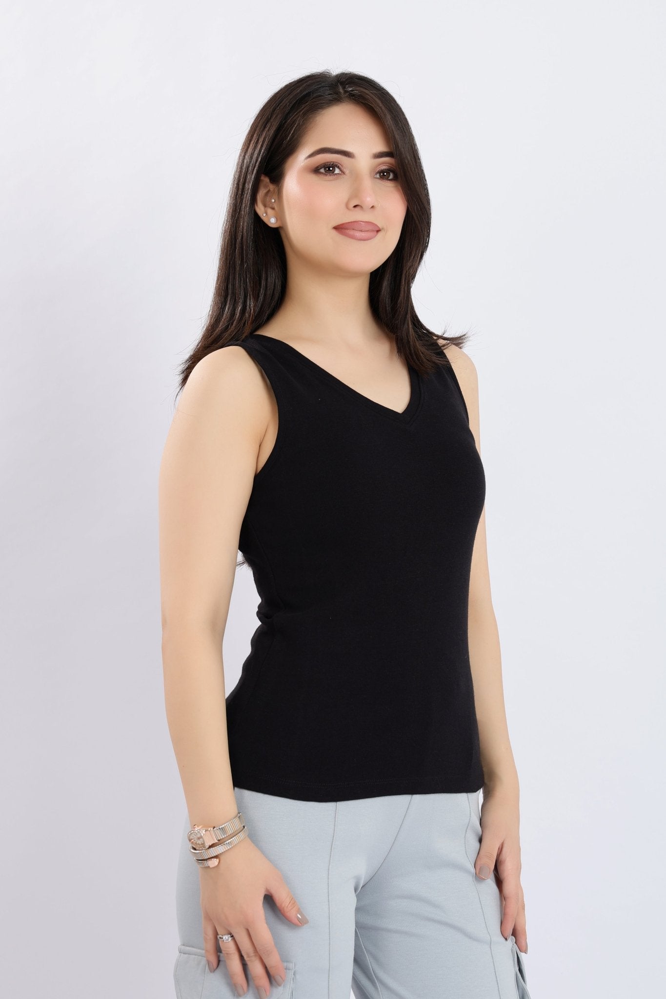 Black rib v-neck vest [ 280 GSM non transparent fabric ] -Rib top