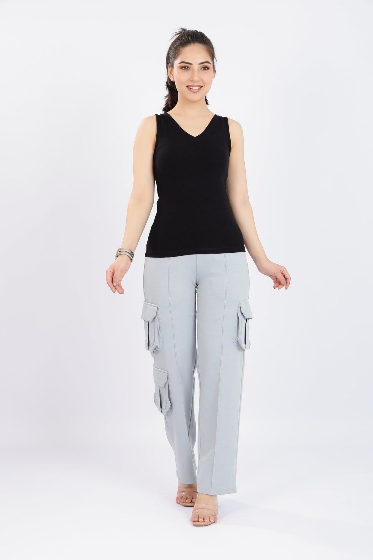 Black rib v-neck vest [ 280 GSM non transparent fabric ] -Rib top