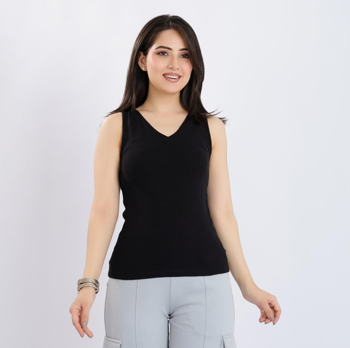 Black rib v-neck vest [ 280 GSM non transparent fabric ] -Rib top