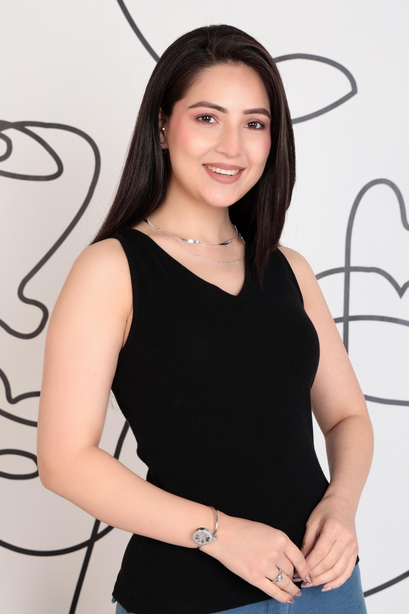 Black rib v-neck vest [ 280 GSM non transparent fabric ] -Rib top