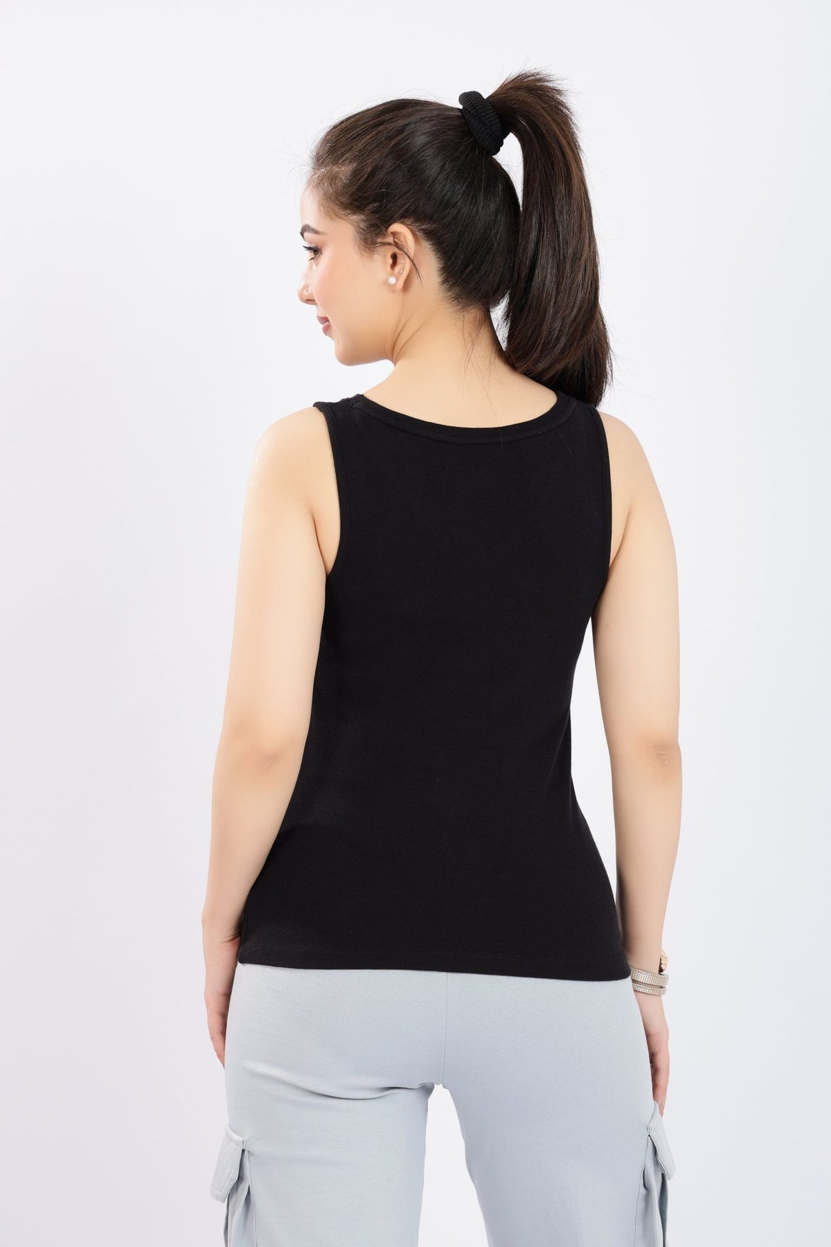 Black rib v-neck vest [ 280 GSM non transparent fabric ] -Rib top