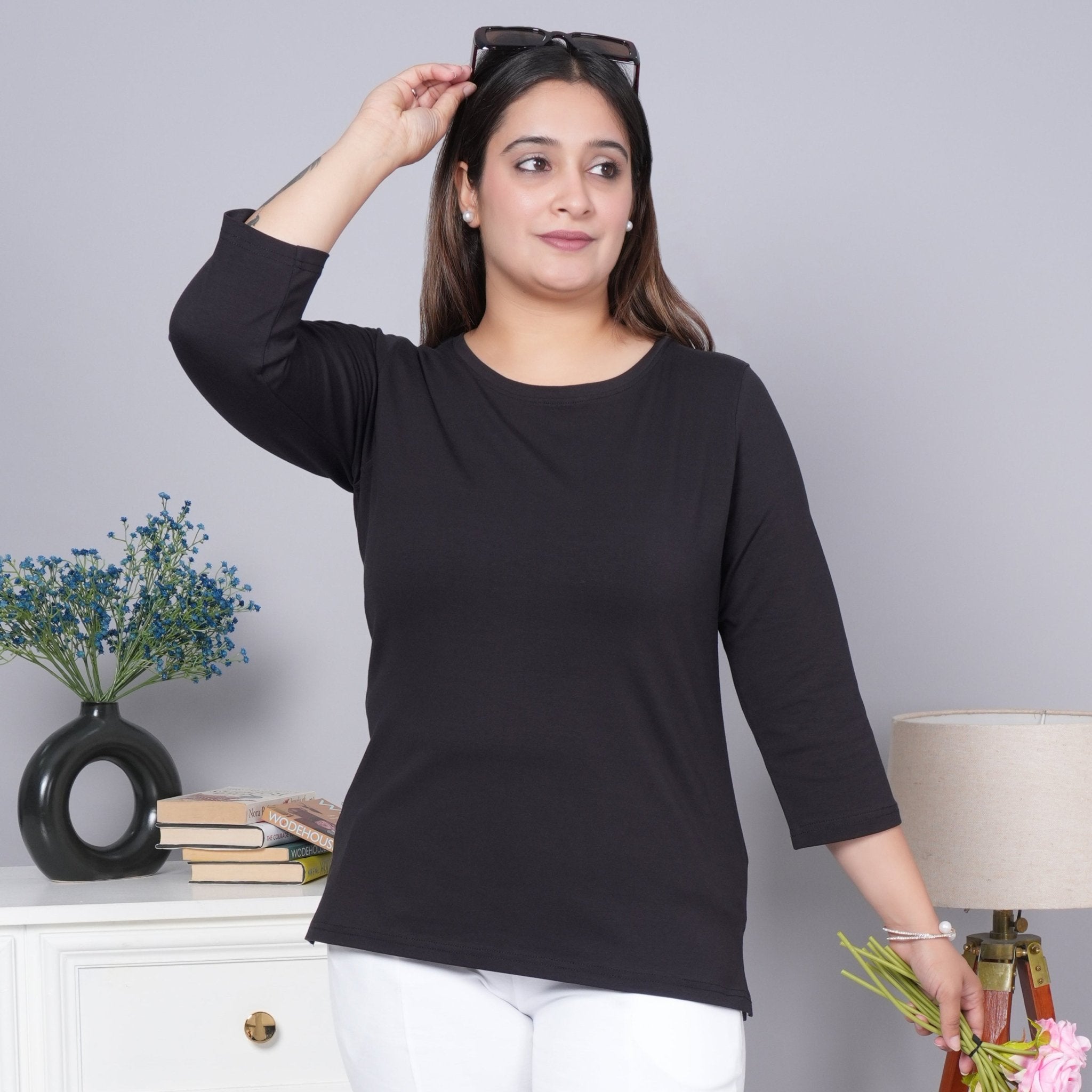 Black Round Neck Cotton 3/4 Sleeve T Shirt - Cotton t shirt