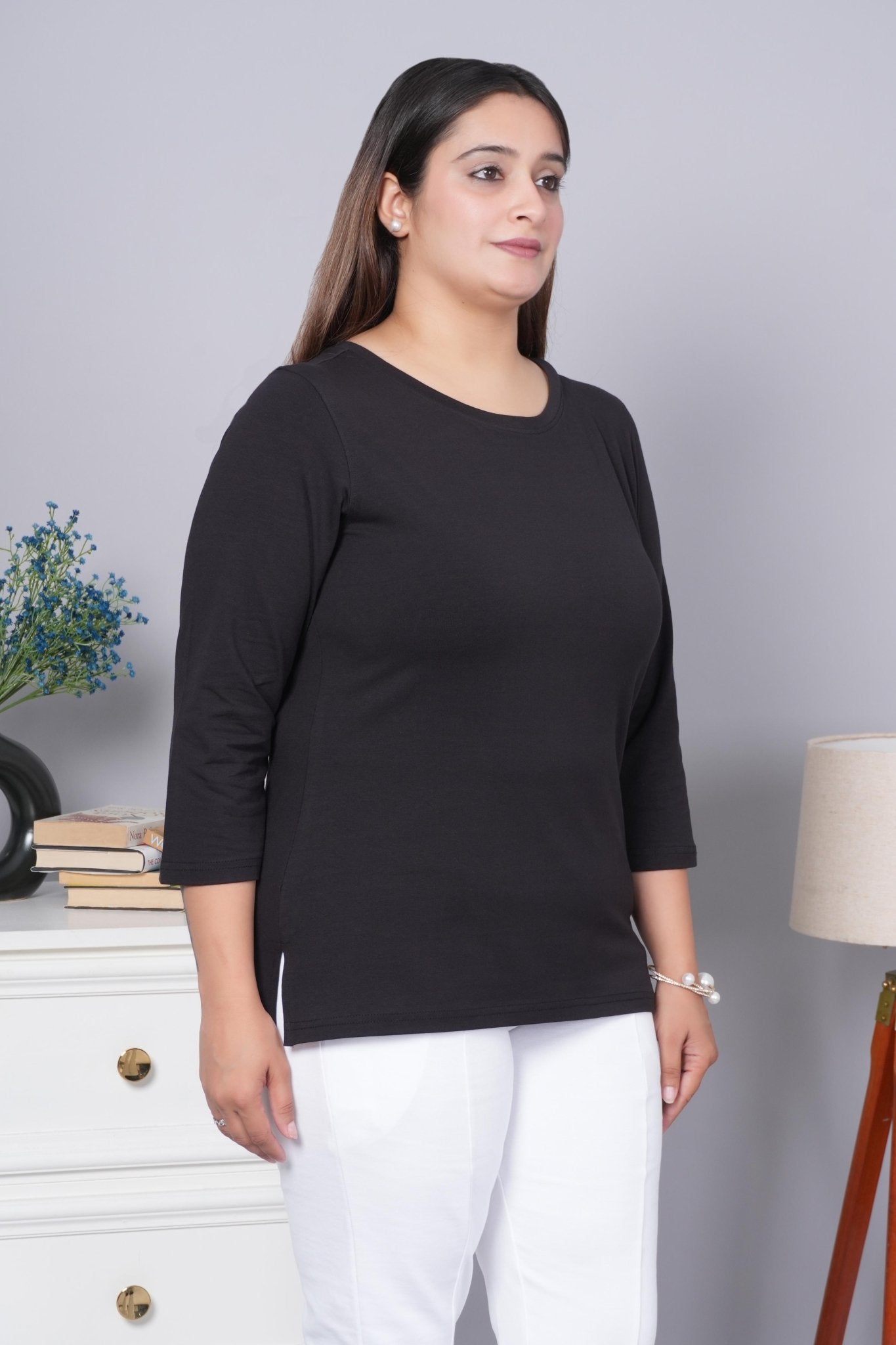 Black Round Neck Cotton 3/4 Sleeve T Shirt - Cotton t shirt