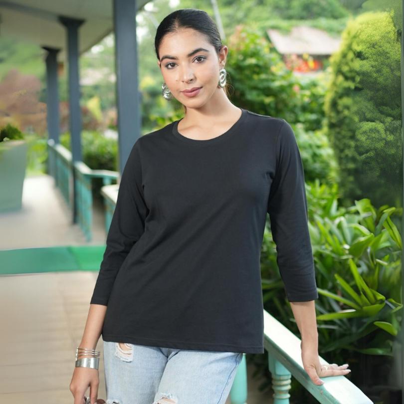 Black Round Neck Cotton full Sleeve T Shirt - Cotton t shirt