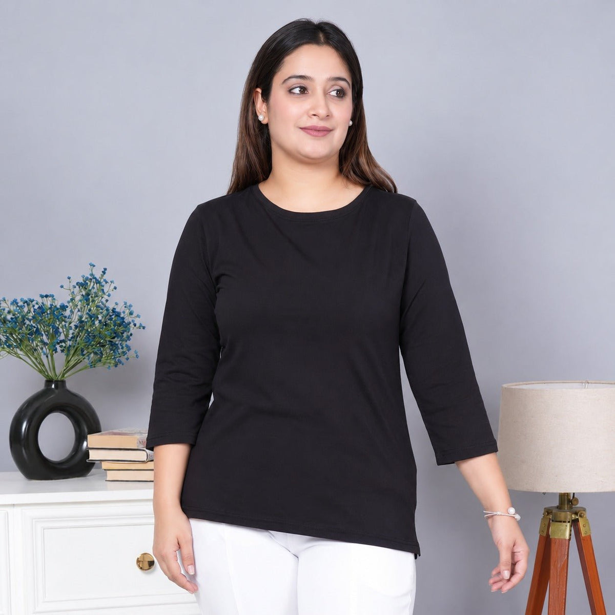 Black Round Neck Cotton Lycra 3/4 Sleeve T Shirt -Cotton t shirt