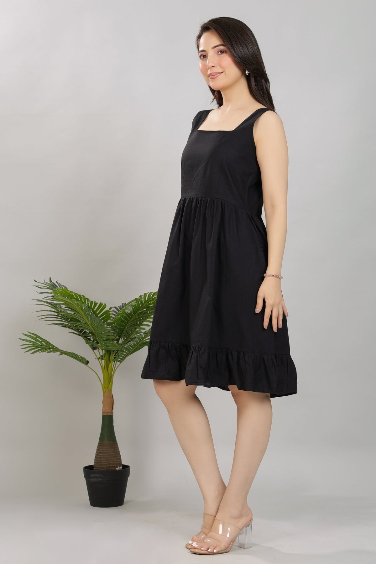 Black square neck strap dress [100% pure cotton] -Cotton midi dress