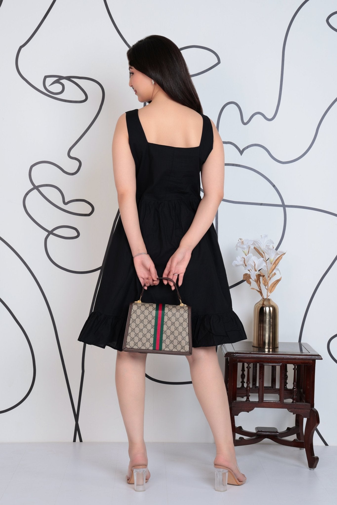 Black square neck strap dress [100% pure cotton] -Cotton midi dress