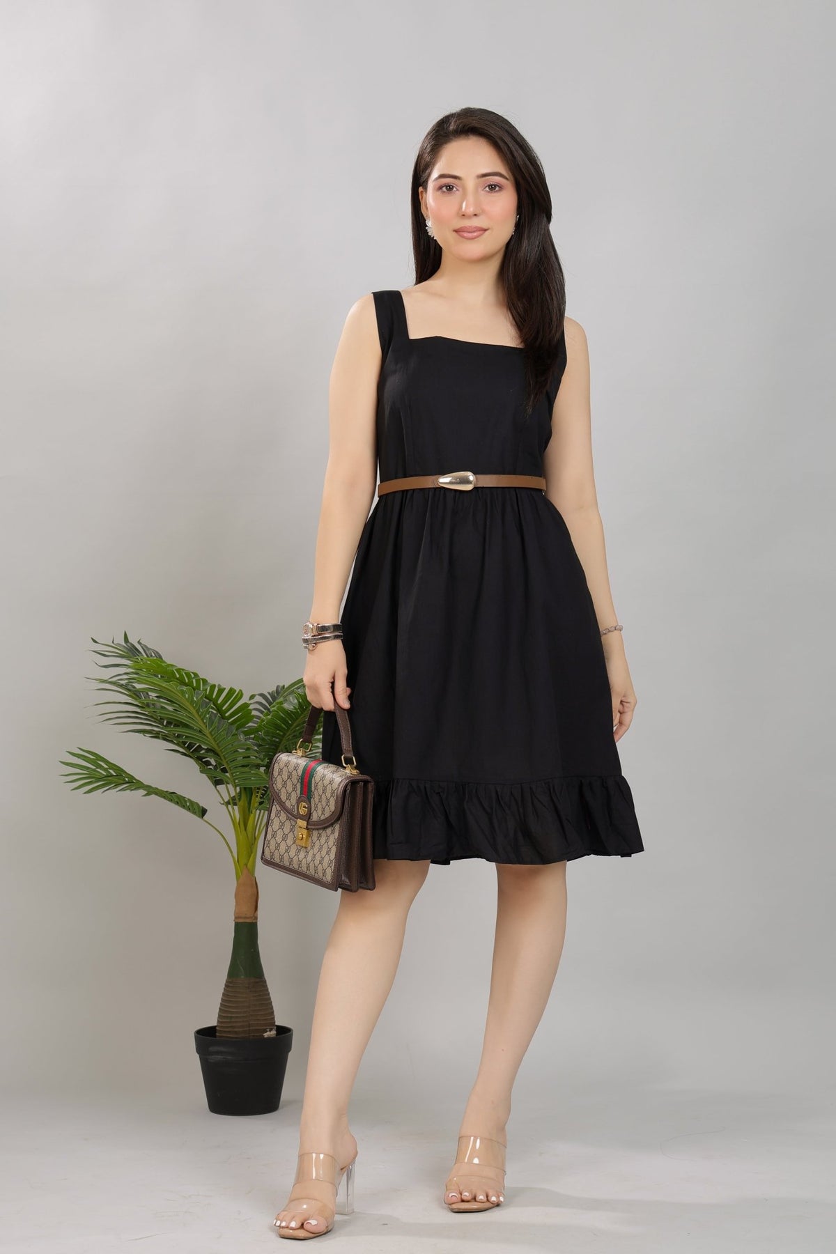Black square neck strap dress [100% pure cotton] -Cotton midi dress