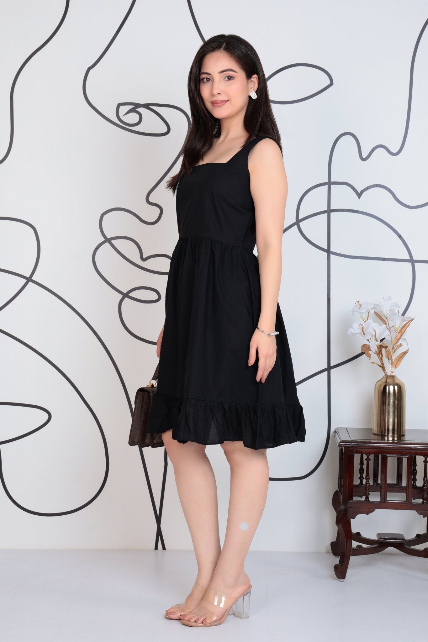 Black square neck strap dress [100% pure cotton] -Cotton midi dress