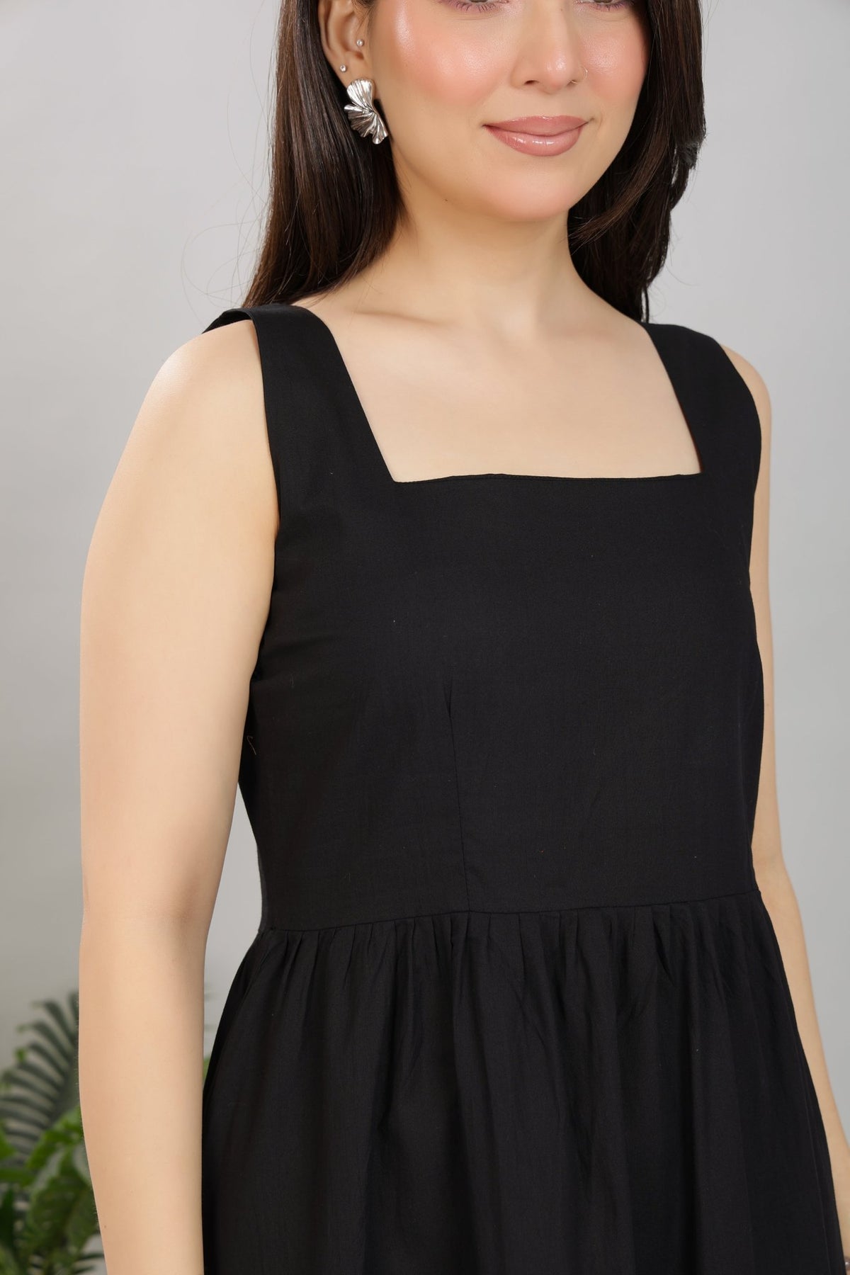 Black square neck strap dress [100% pure cotton] -Cotton midi dress