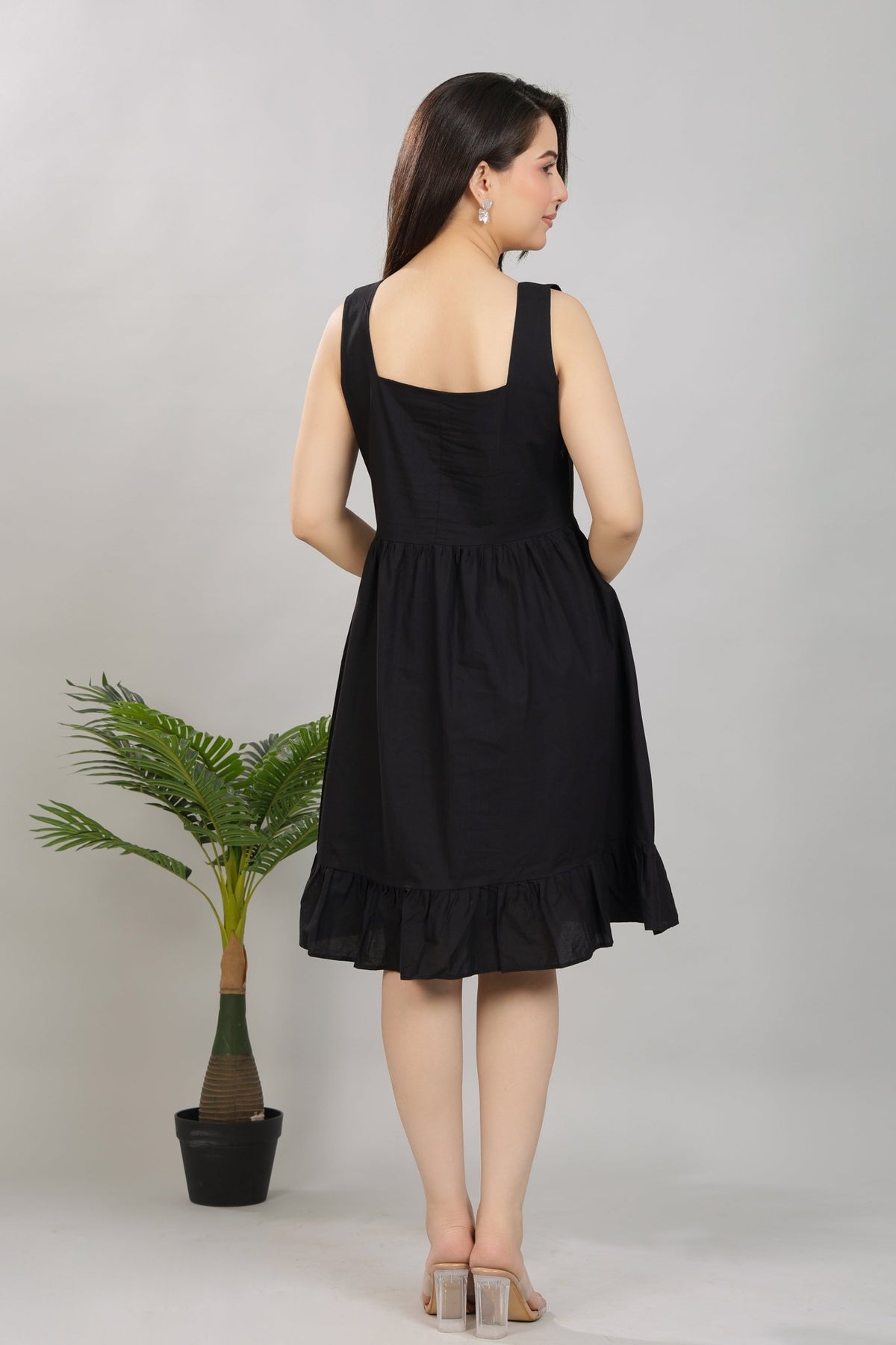 Black square neck strap dress [100% pure cotton] -Cotton midi dress
