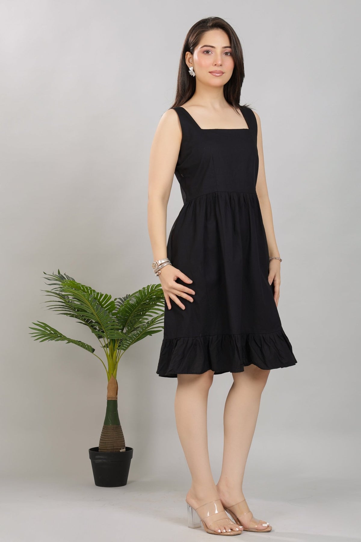 Black square neck strap dress [100% pure cotton] -Cotton midi dress