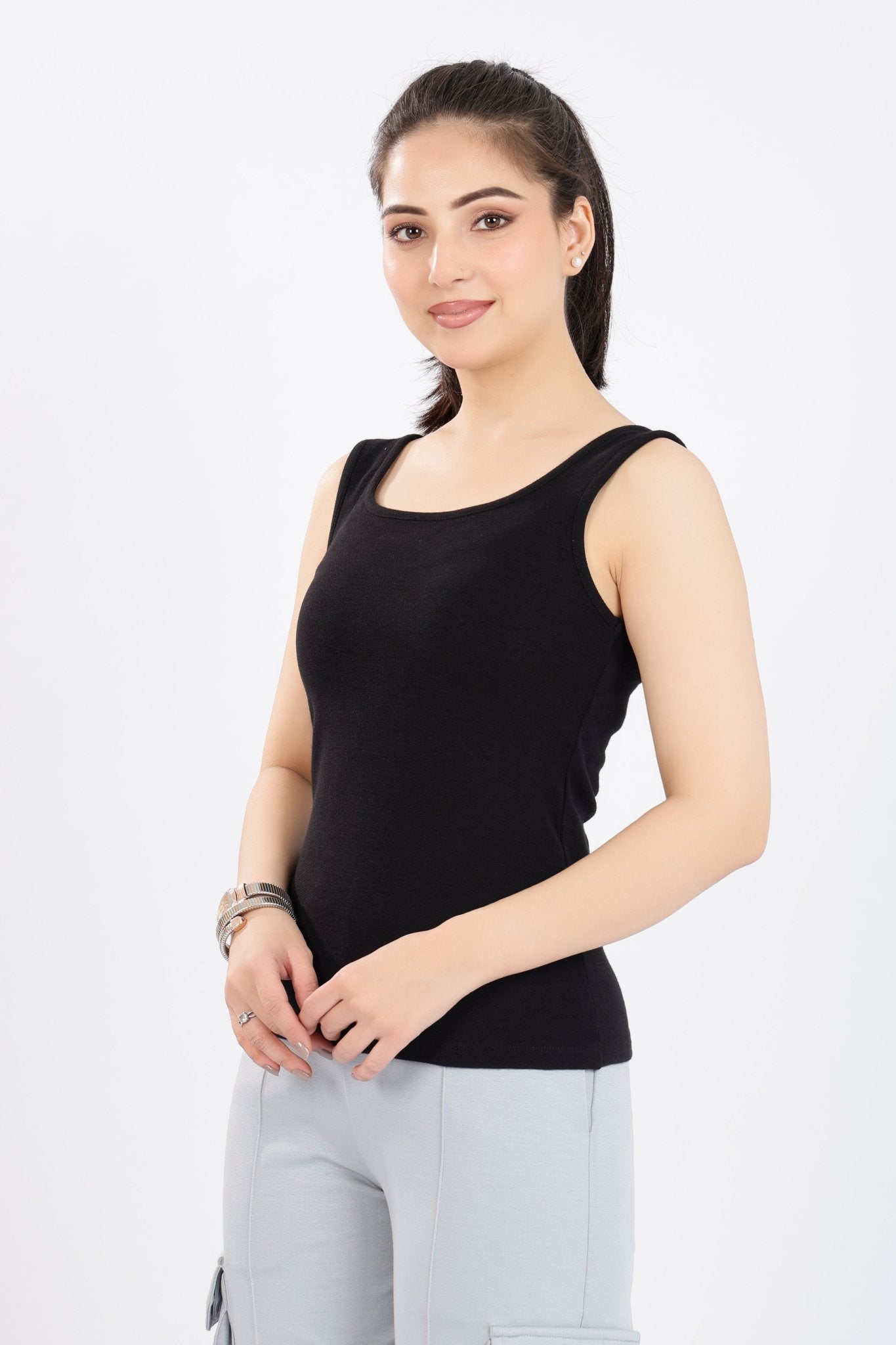 Black square neck tank top [ 280 GSM non transparent fabric ] -Rib top