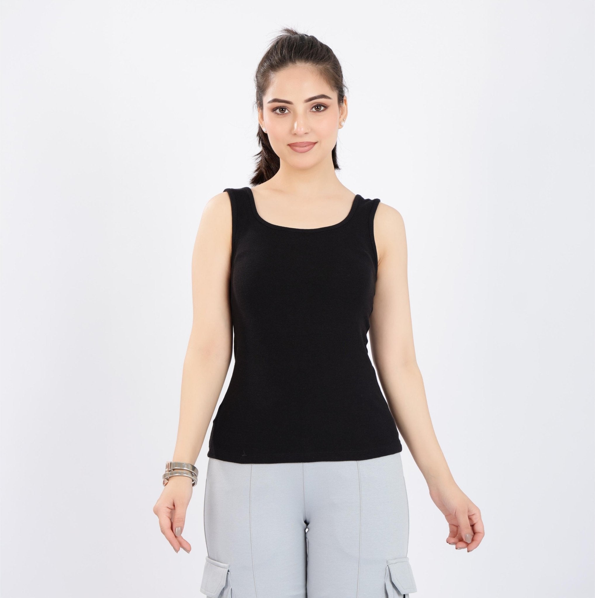 Black square neck tank top [ 280 GSM non transparent fabric ] -Rib top